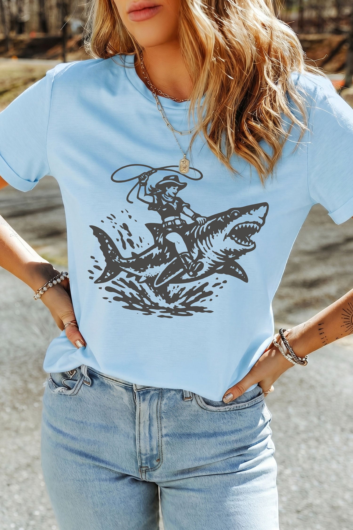 Light Blue Western Print Shark Cowboy T Shirt