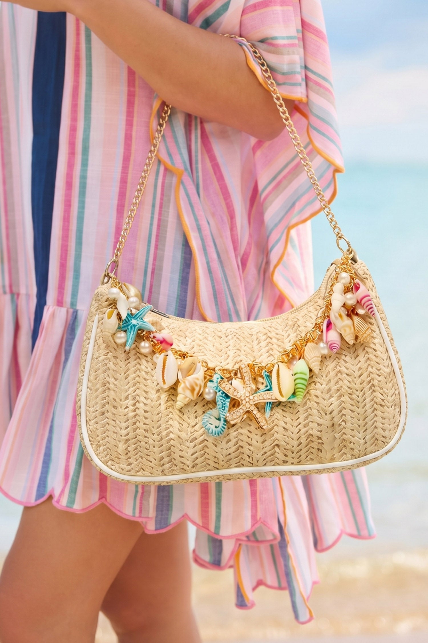 Khaki Boho Woven Shell Charm Detail Bag Metal Chain Bag
