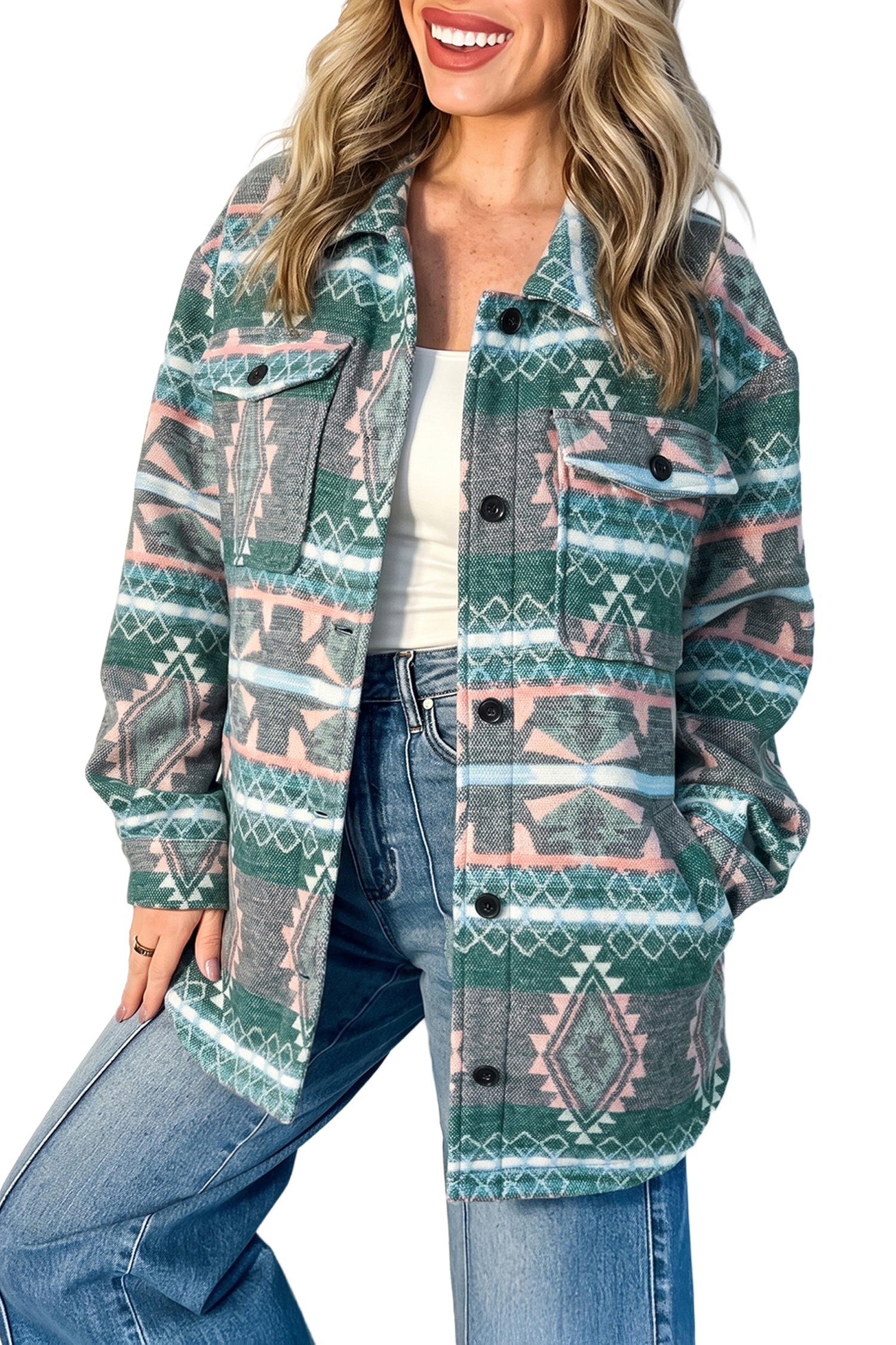 Green Geometric Print Button Front Long Sleeve Shacket