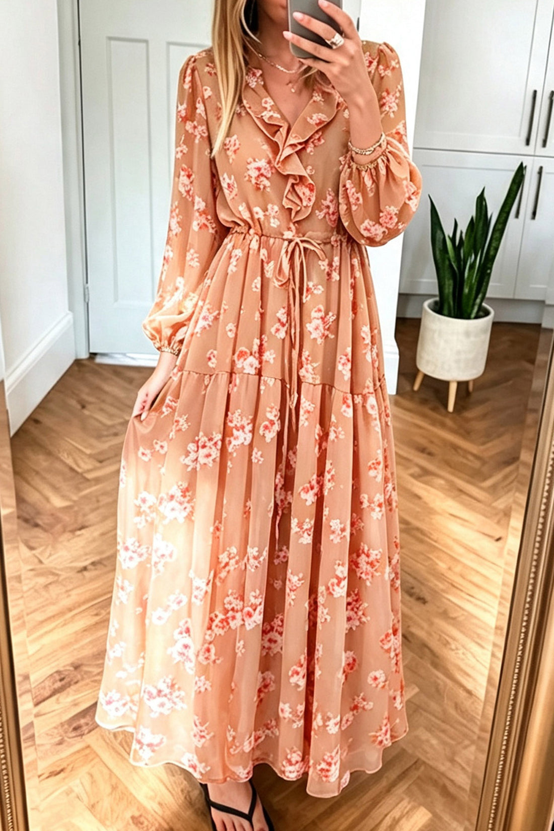 Orange Floral Print Sheer Long Sleeve Ruffle Neck Drawstring Flowy Maxi Dress