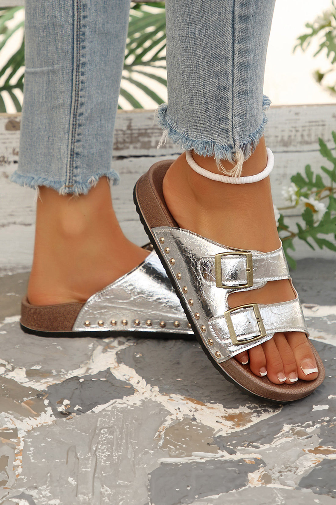 Silvery Retro Buckle Cutout Straps PU Leather Studded Slippers