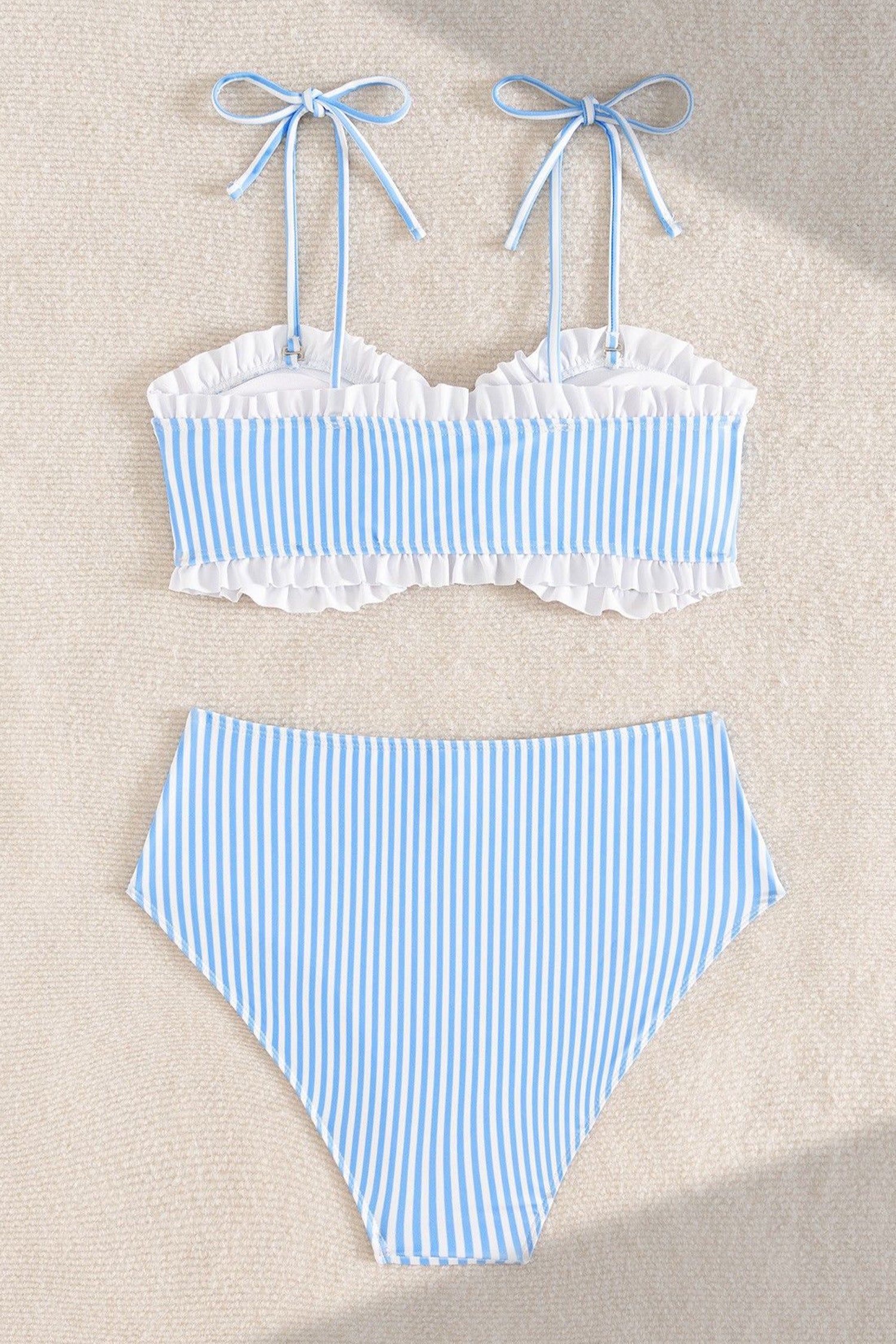 Sky Blue Stripe Tie Straps Colorblock Ruffle Trim Sexy 2pcs Bikinis
