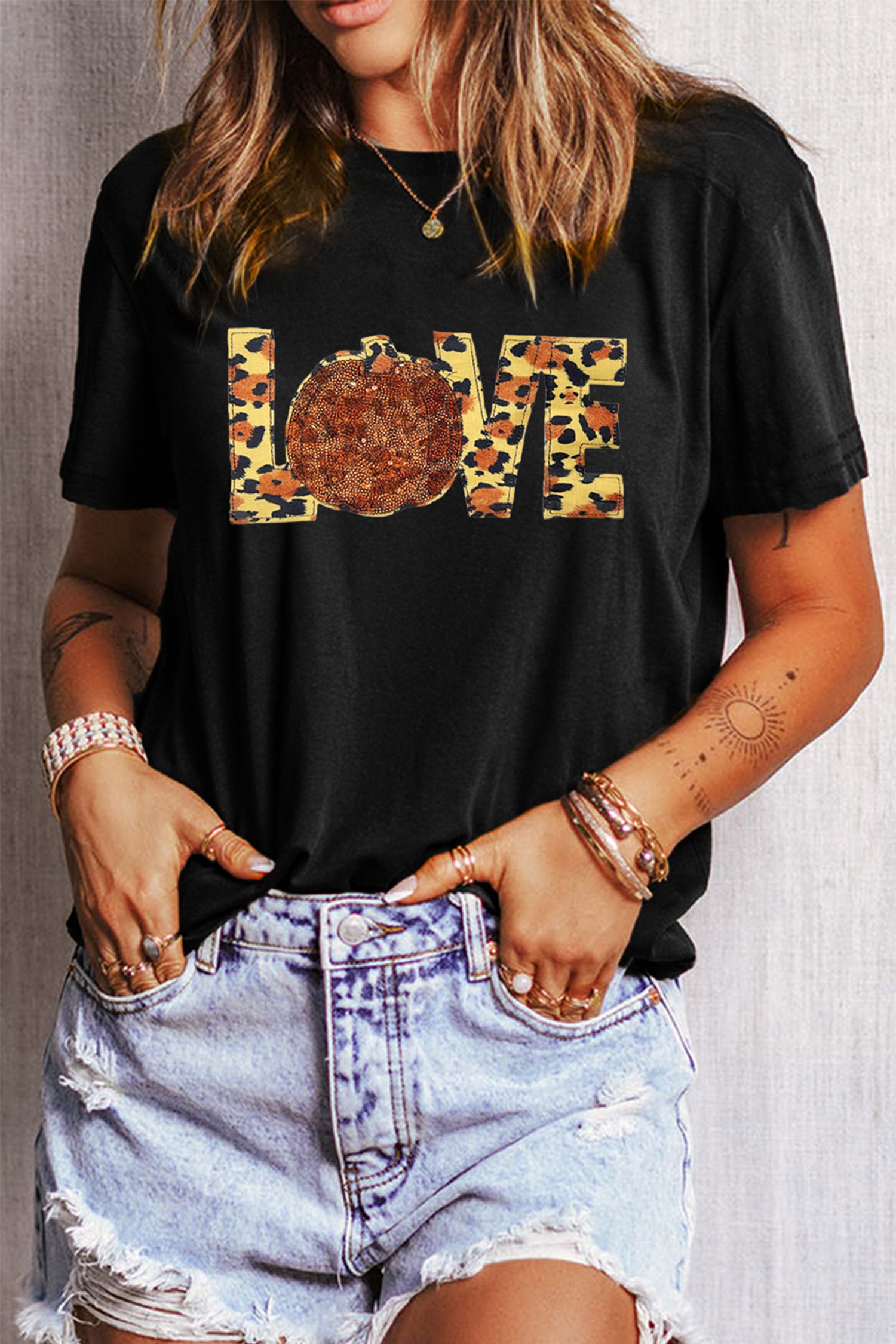 Black Sequin Pumpkin Leopard Print Love Graphic Tee