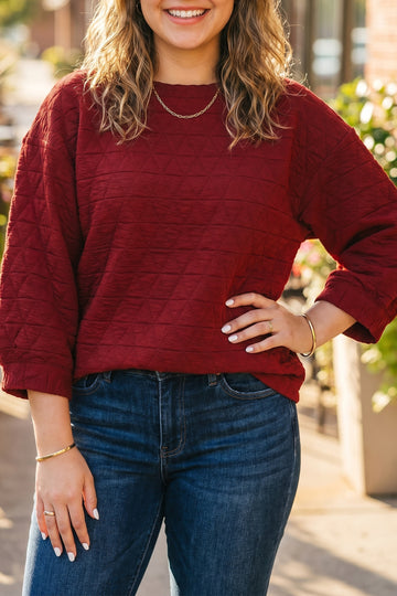 Racing Red Solid Round Neck Tunic Adjustable Cuffs Shift Plus Size Blouse