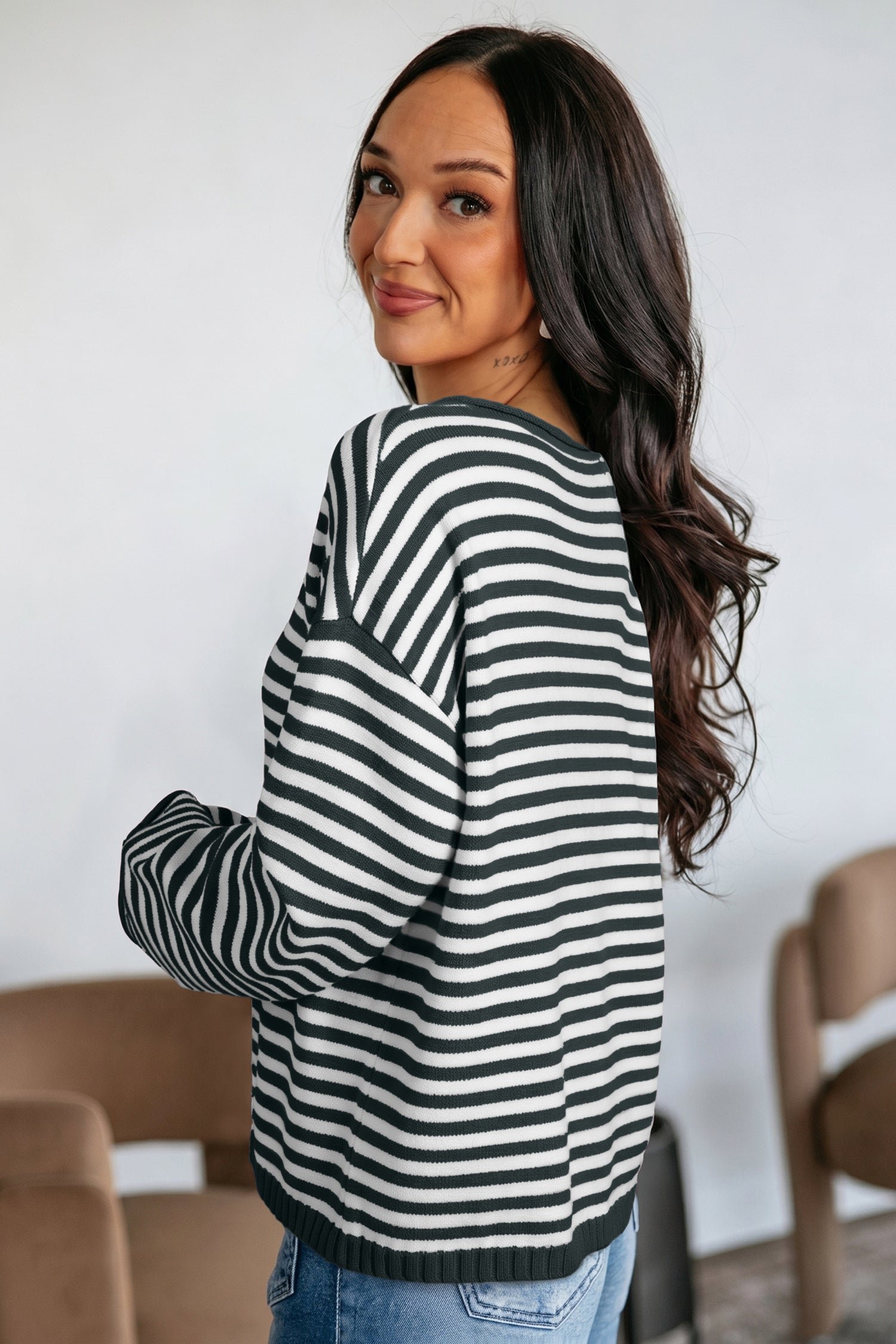 Green Stripe Striped Button Placket Drop Shoulder Long Sleeve Sweater
