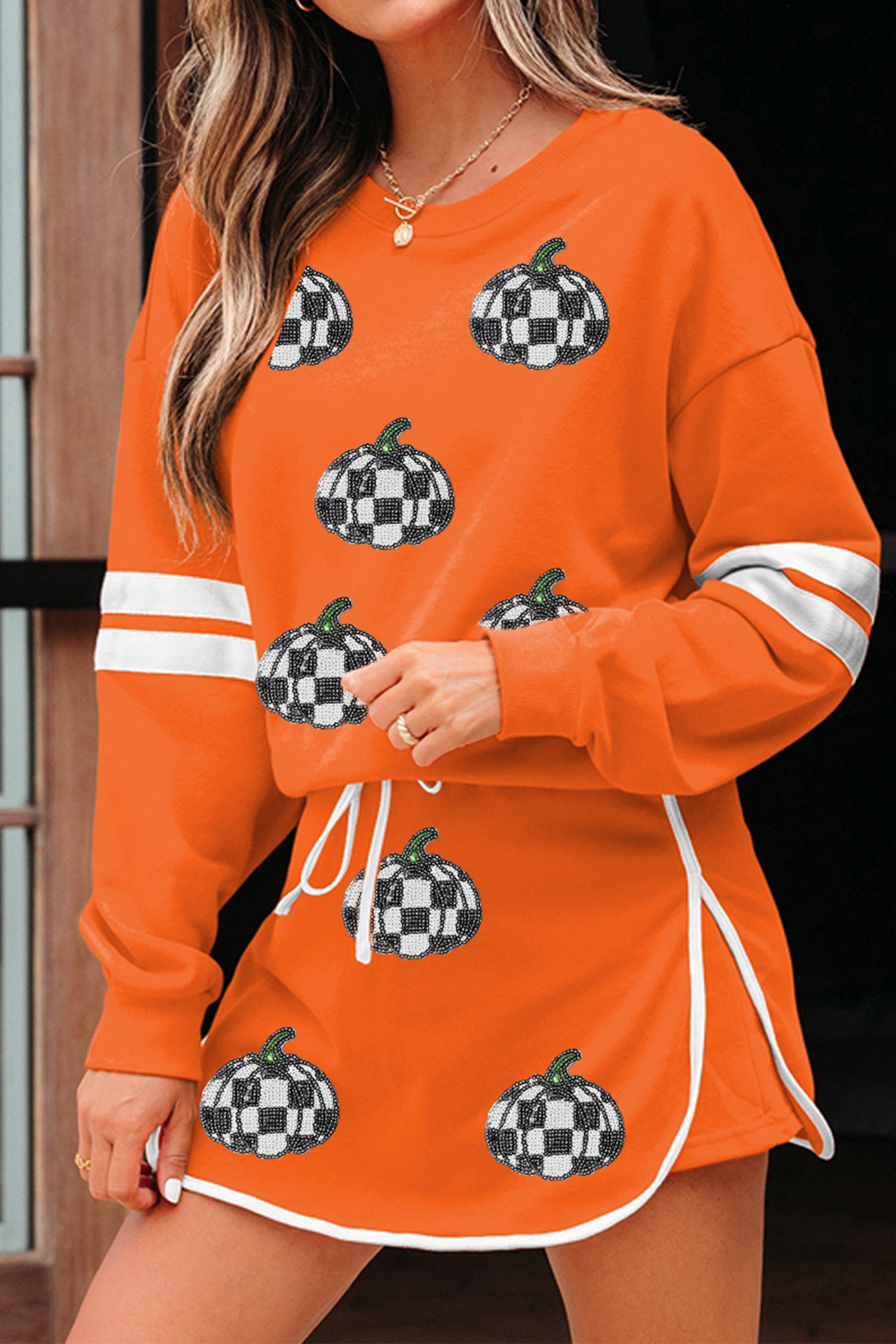 Orange Rhinestone Pumpkin Print Long Sleeve Shift Skirt Set