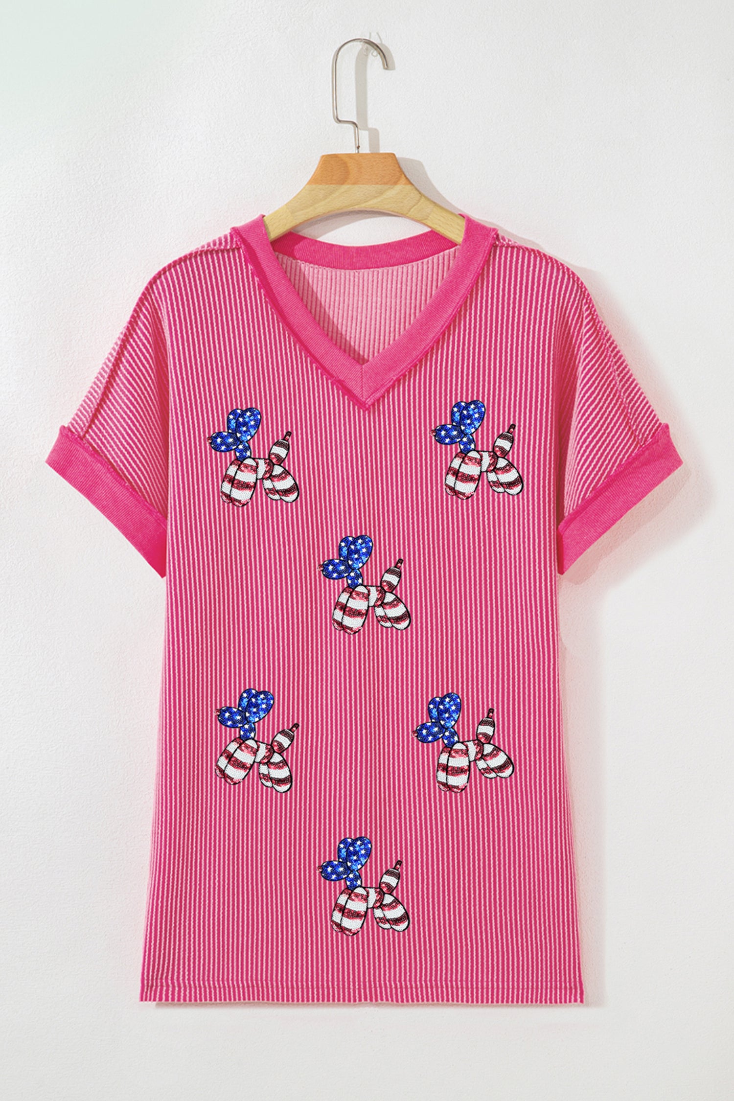 Rose Red Twisted Rib Sequin Patriotic Balloon Dog V Neck Tee