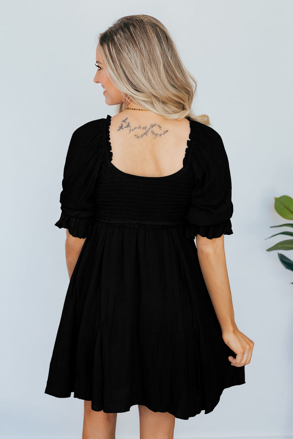 Black Short Sleeve Shirred Waist V-Neck Textured Mini Dress