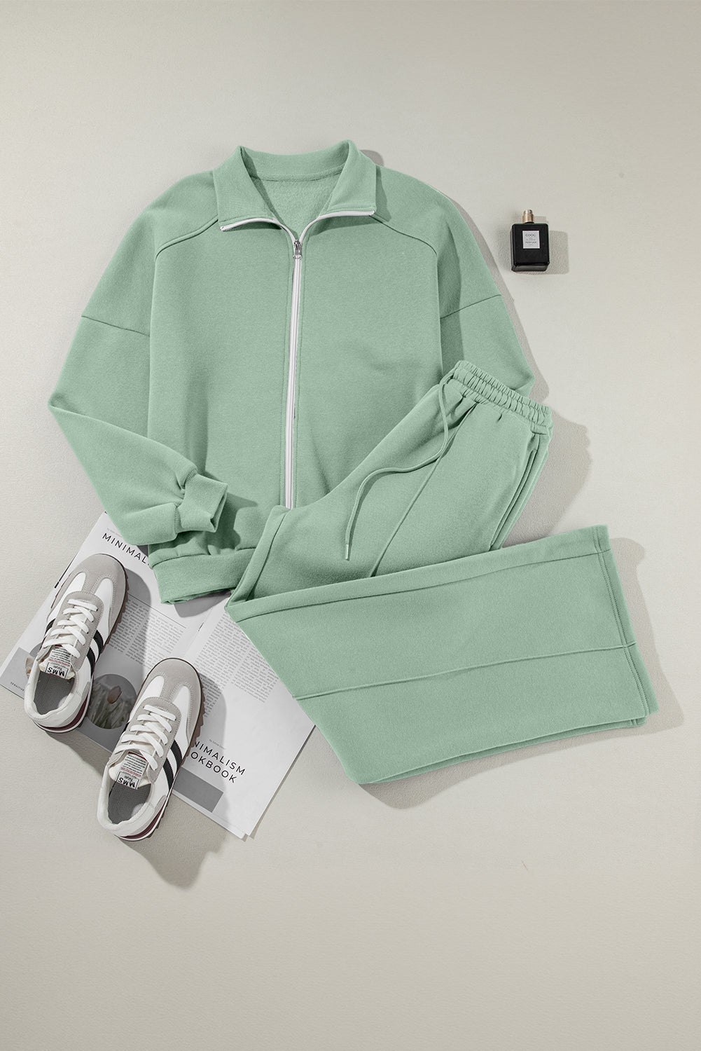 Clearly Aqua Drop Shoulder Zip Up Jacket Drawstring Pants Active 2pcs Set