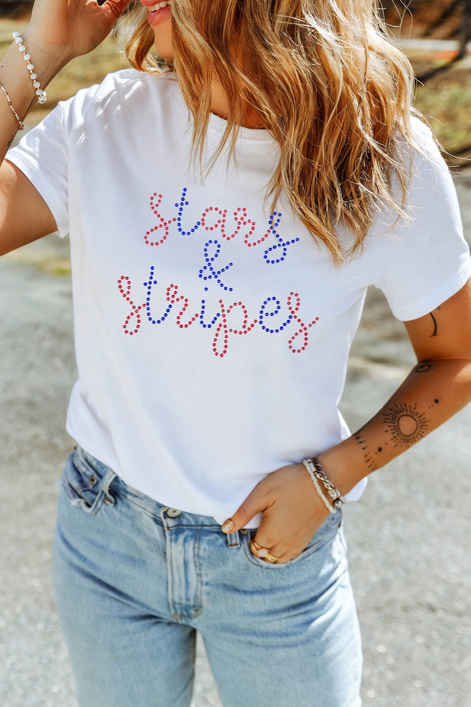 White Rhinestone Stars & Stripes Patriotic Slogan T Shirt