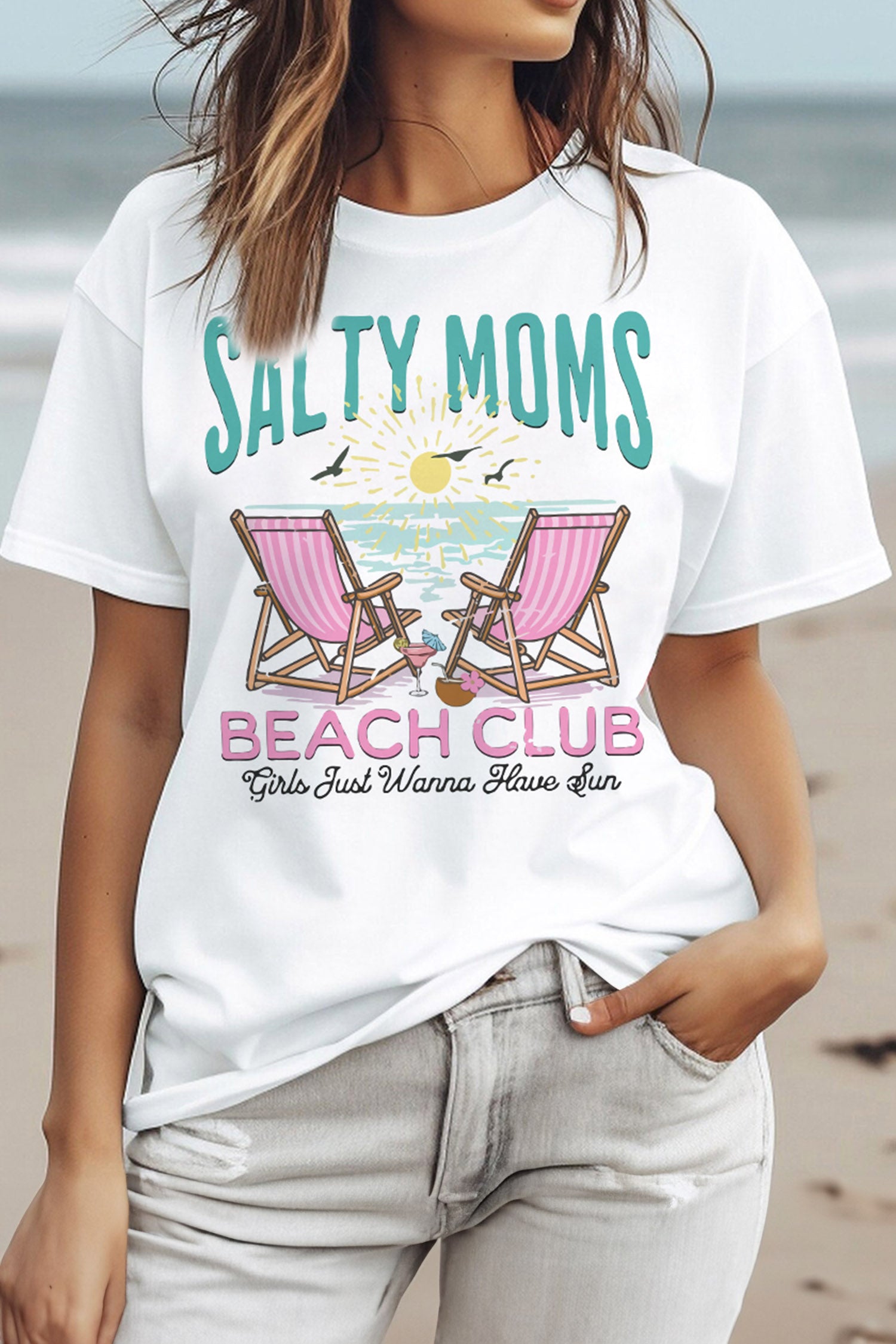 White Salty Moms Beach Club Short Sleeve Graphic Tee