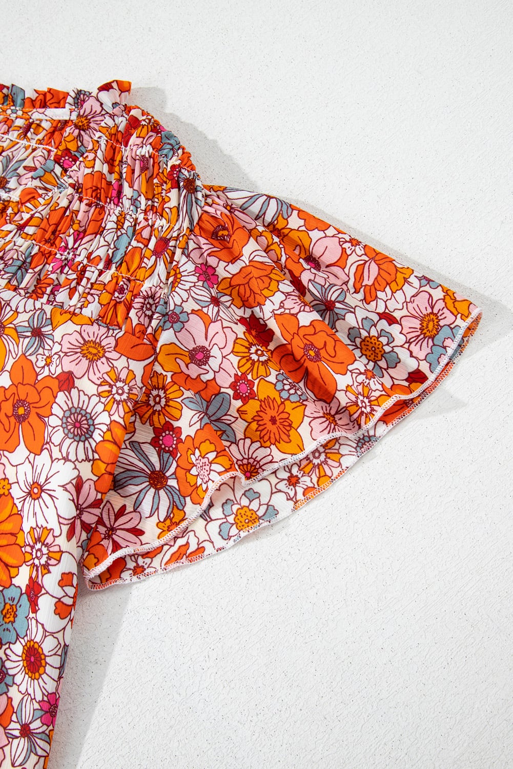Orange Floral Print V Neck Pleated Ruffle Short Sleeve Blouse