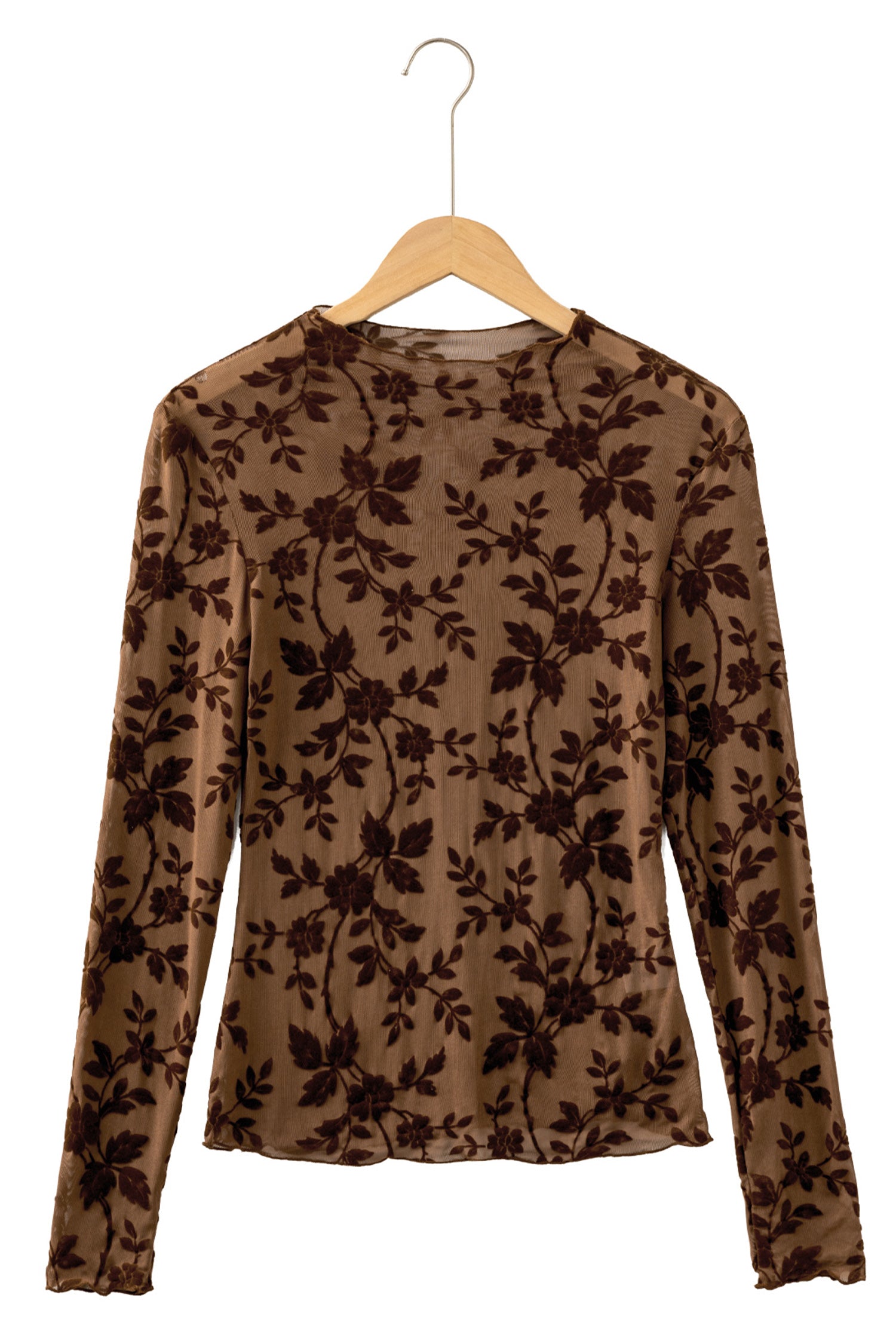 Apricot Floral Mesh Long Sleeve Round Neck Casual Sheath Top
