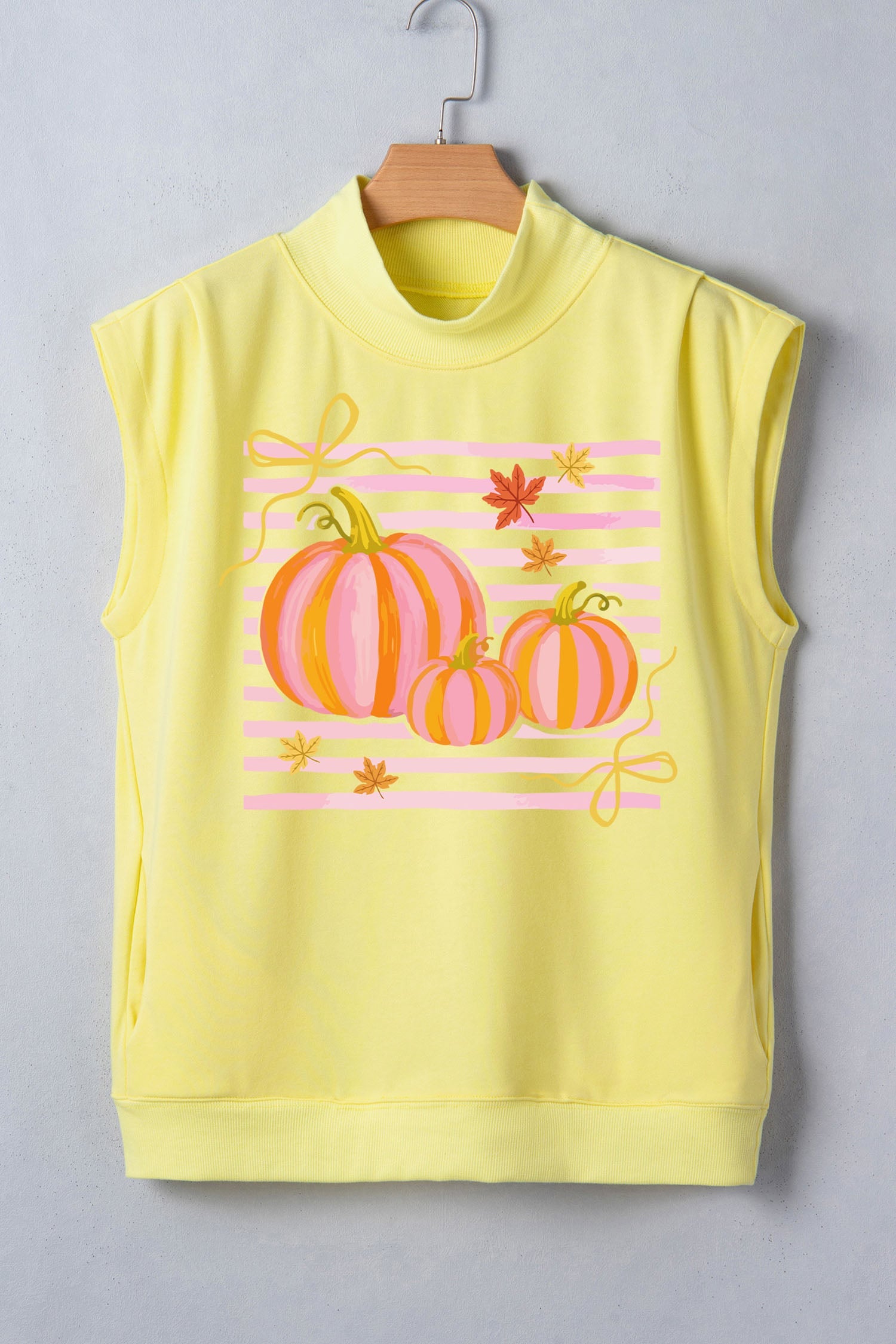 Yellow Pumpkin Striped Print High Neck Cap Sleeve Top