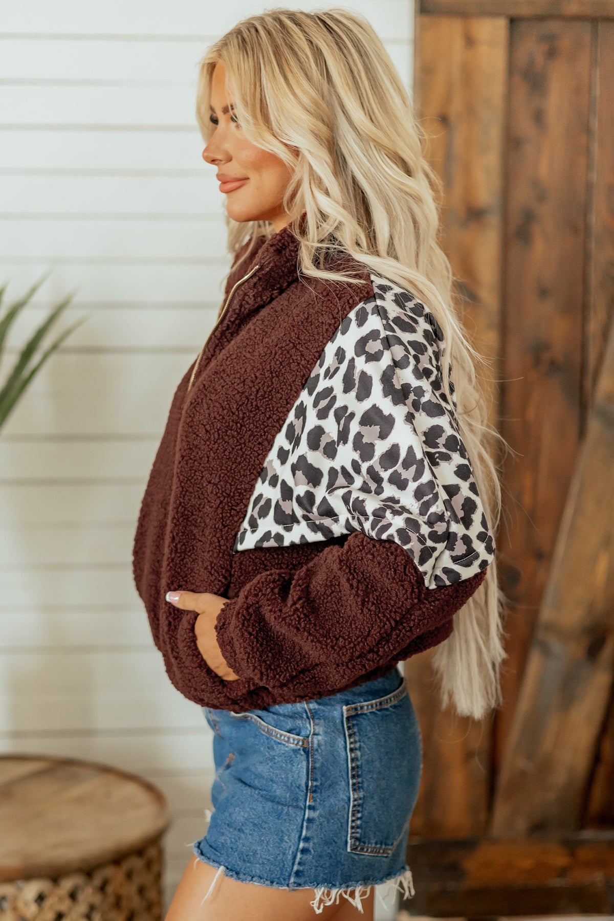 Coffee Leopard Patchwork Fleece Western Style Zip-up Collar Jacket
