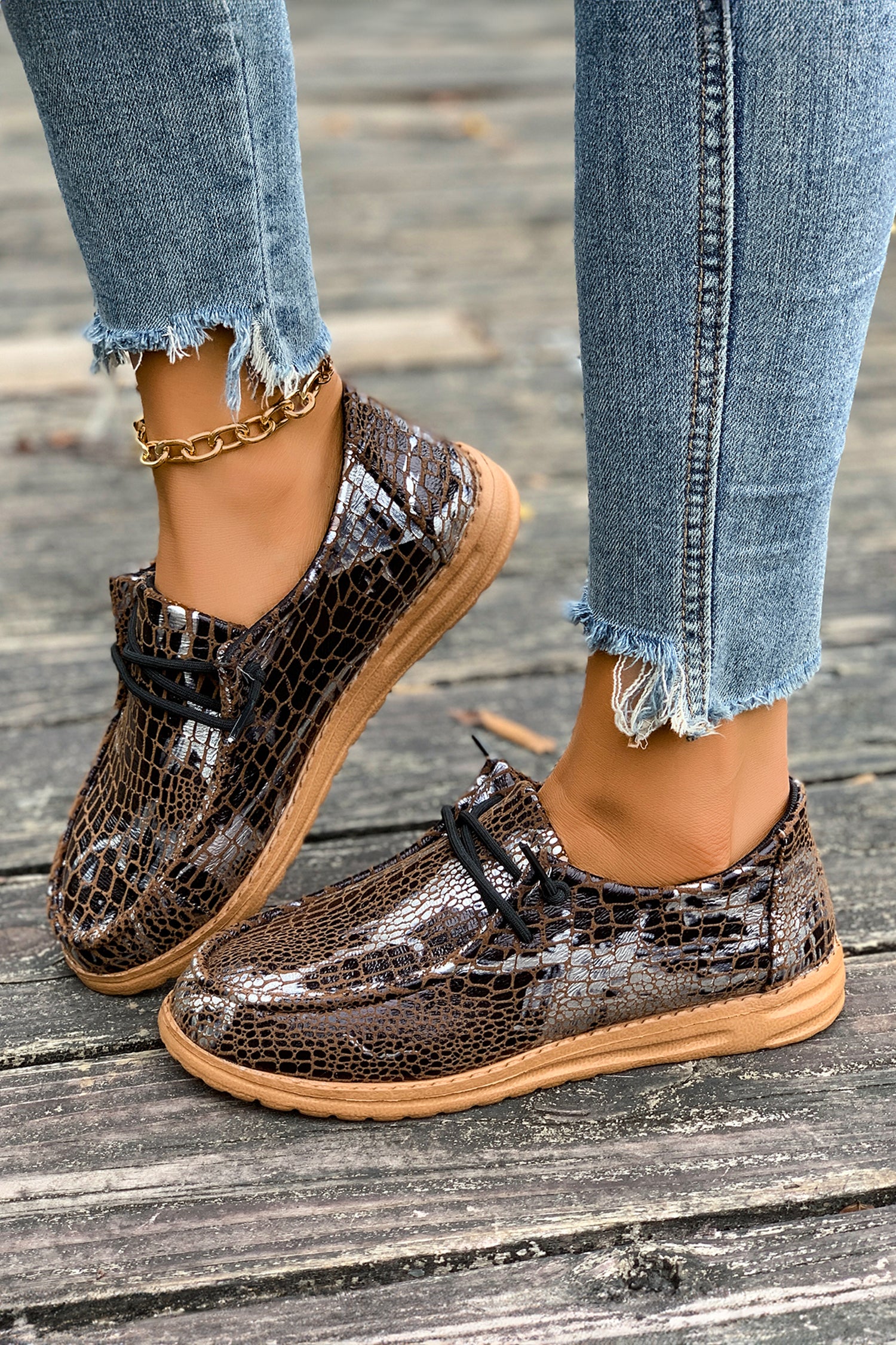 Coffee Sleek Snake Skin Print Lace-up Detail Comfort Loafer Shoes