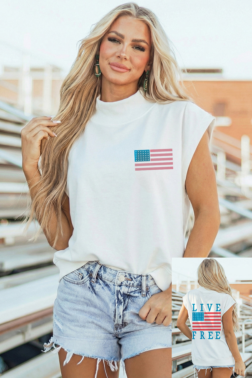 White American Flag LIVE FREE Double Side Printed High Neck Top