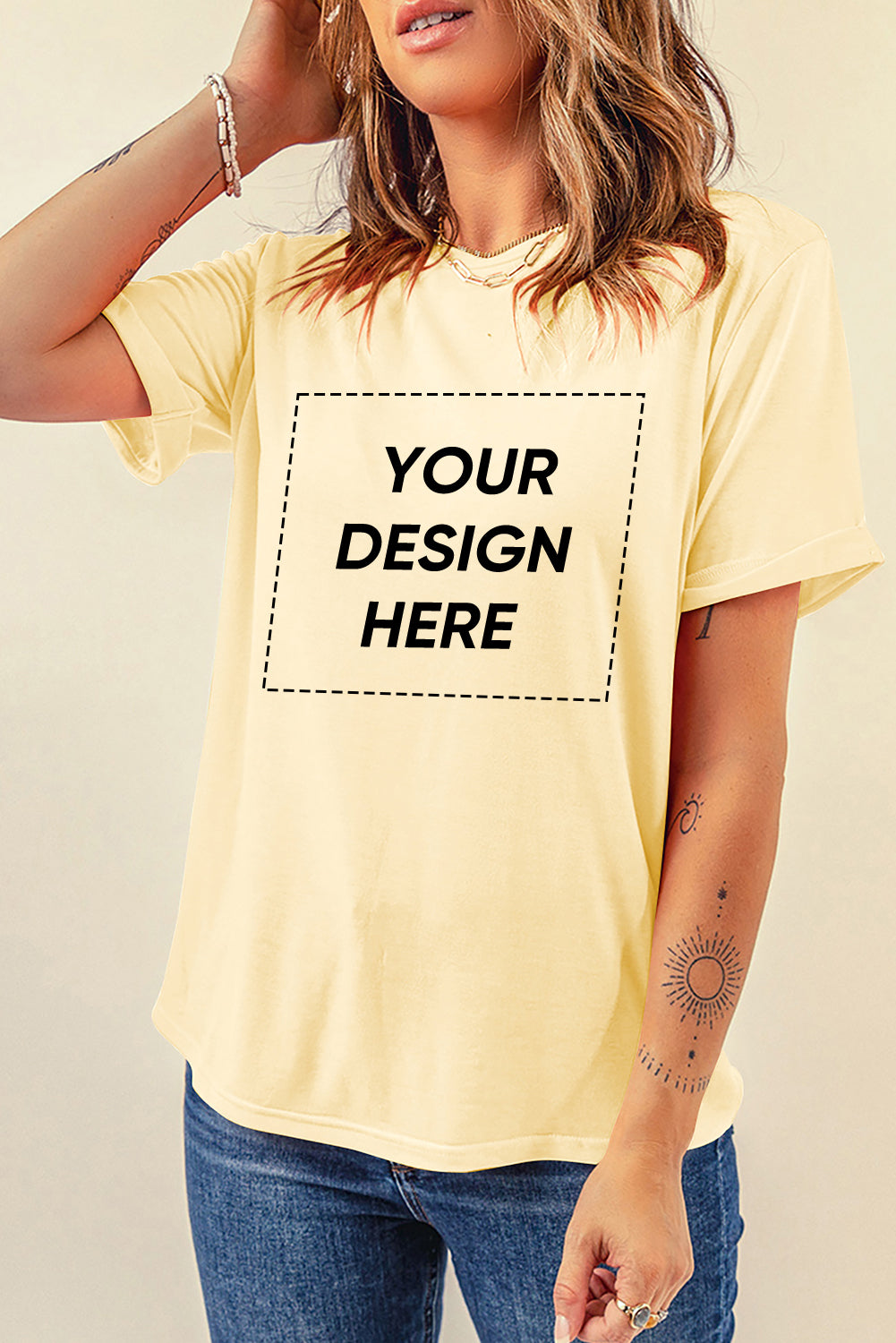 Yellow Cream Casual Plain Crew Neck Tee