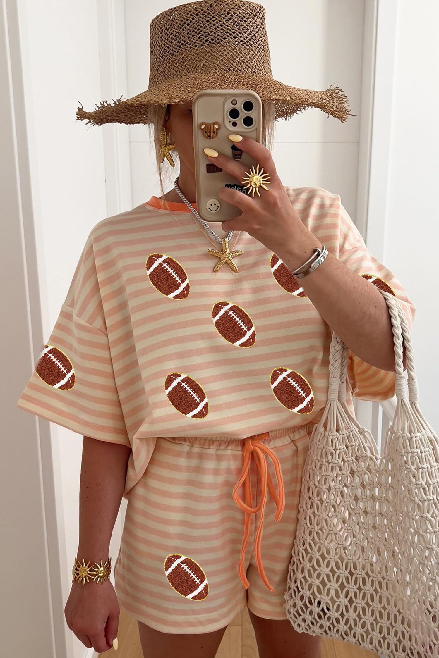 Casual Stripe Chenille Football Pattern Short Sleeve Two Piece Set
