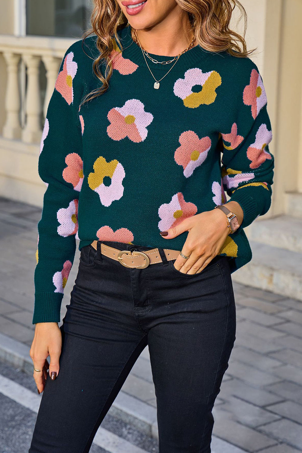 Blue Color Block Flower Cute Pattern Drop Shoulder Bulk Sweater