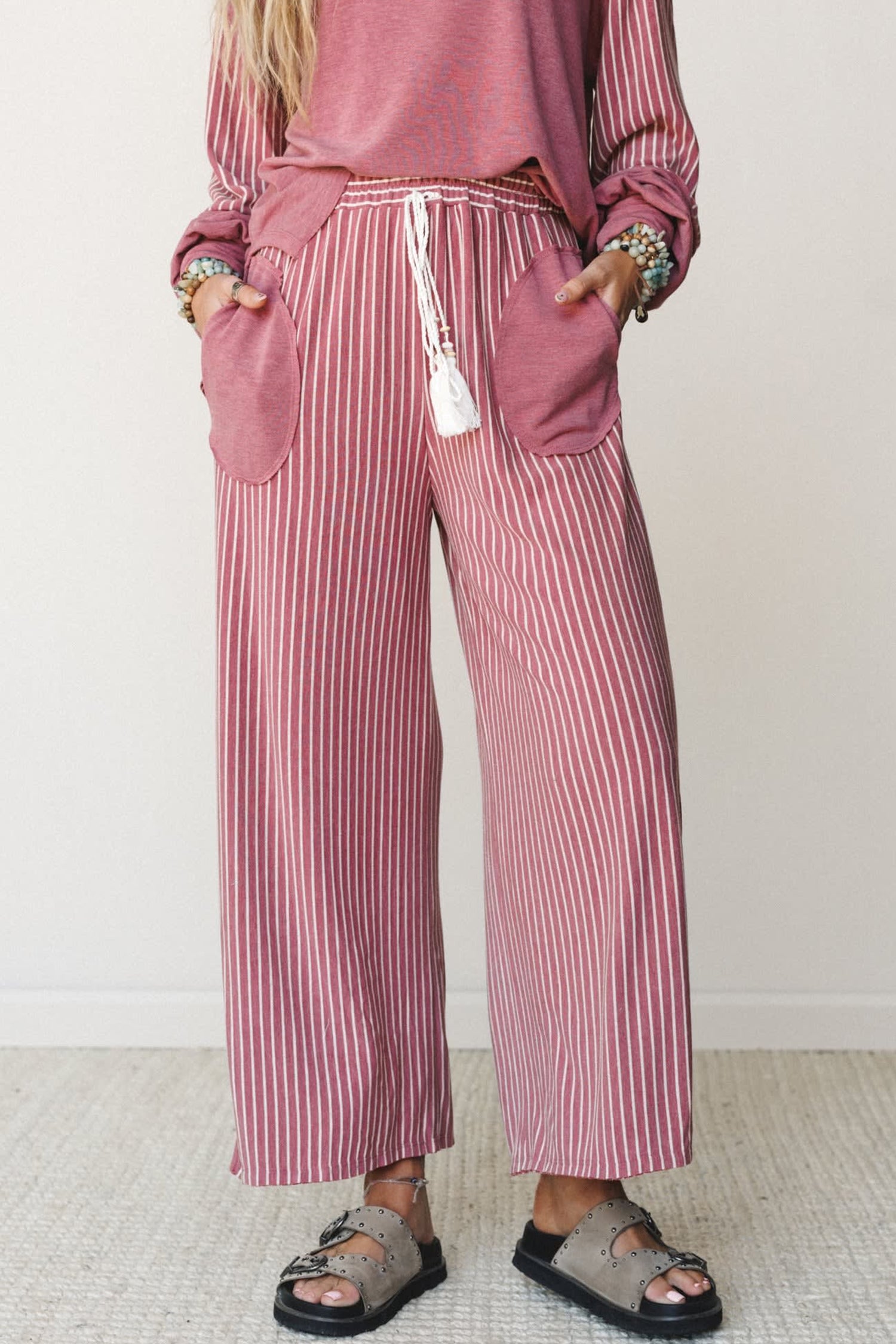 Fushia Raw Seam Patchwork Long Sleeve Top Pocket Casual Pants 2pcs Set