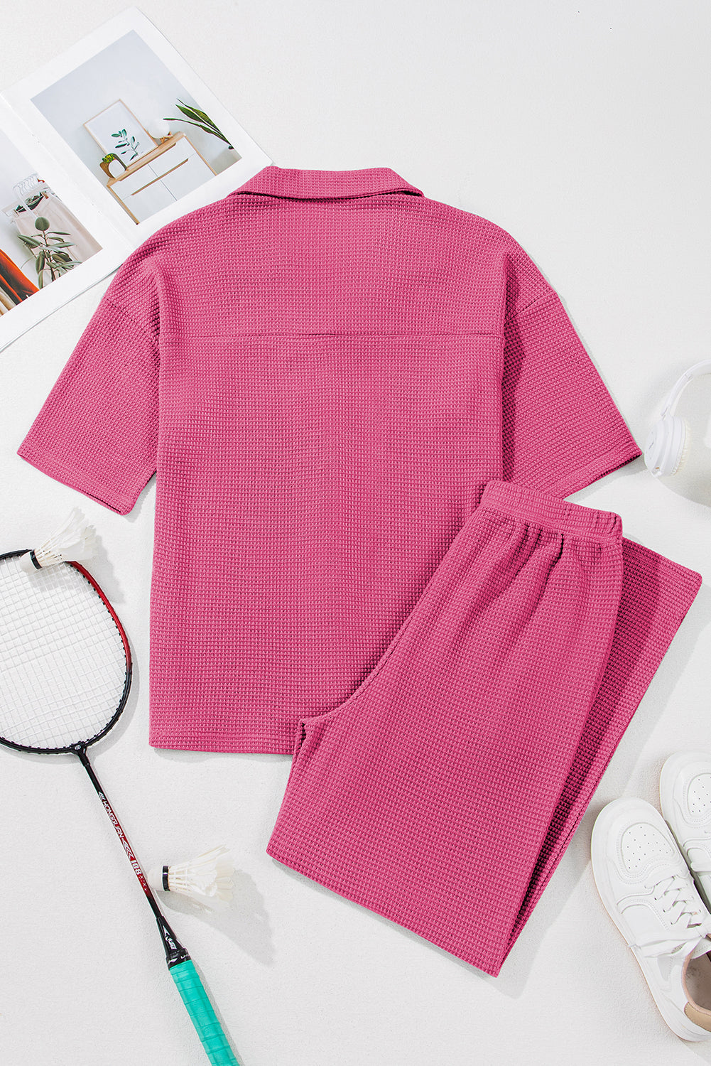 Rose Red Solid Color Textured Buttoned Shirt and Casual Pants Set