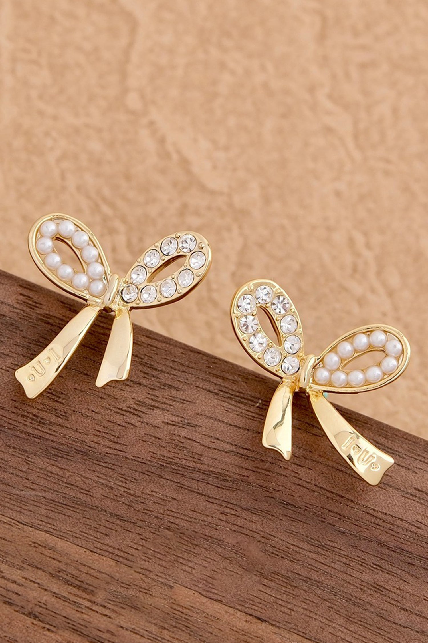 Gold Rhinestone Pearl Bow Earrings