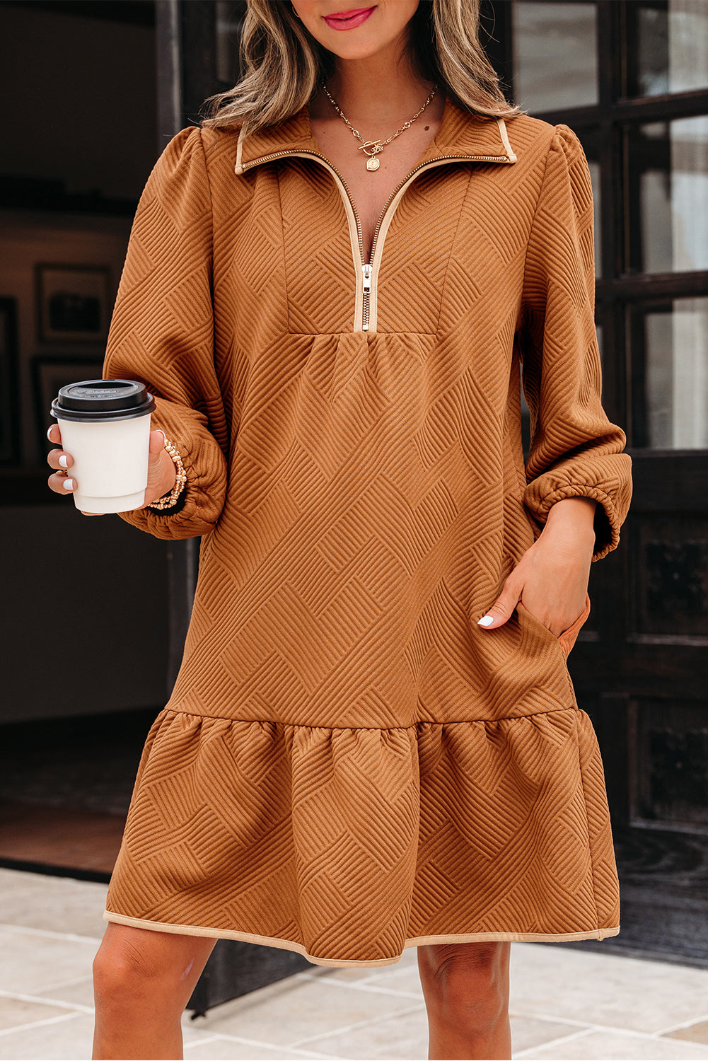 Desert Gold  Quarter Zip Collar Bracelet Sleeve Textured Mini Dress