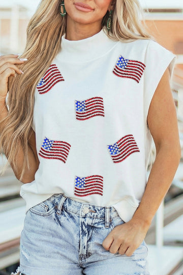 White Sequin American Flag Mock Neck Short Sleeve Top