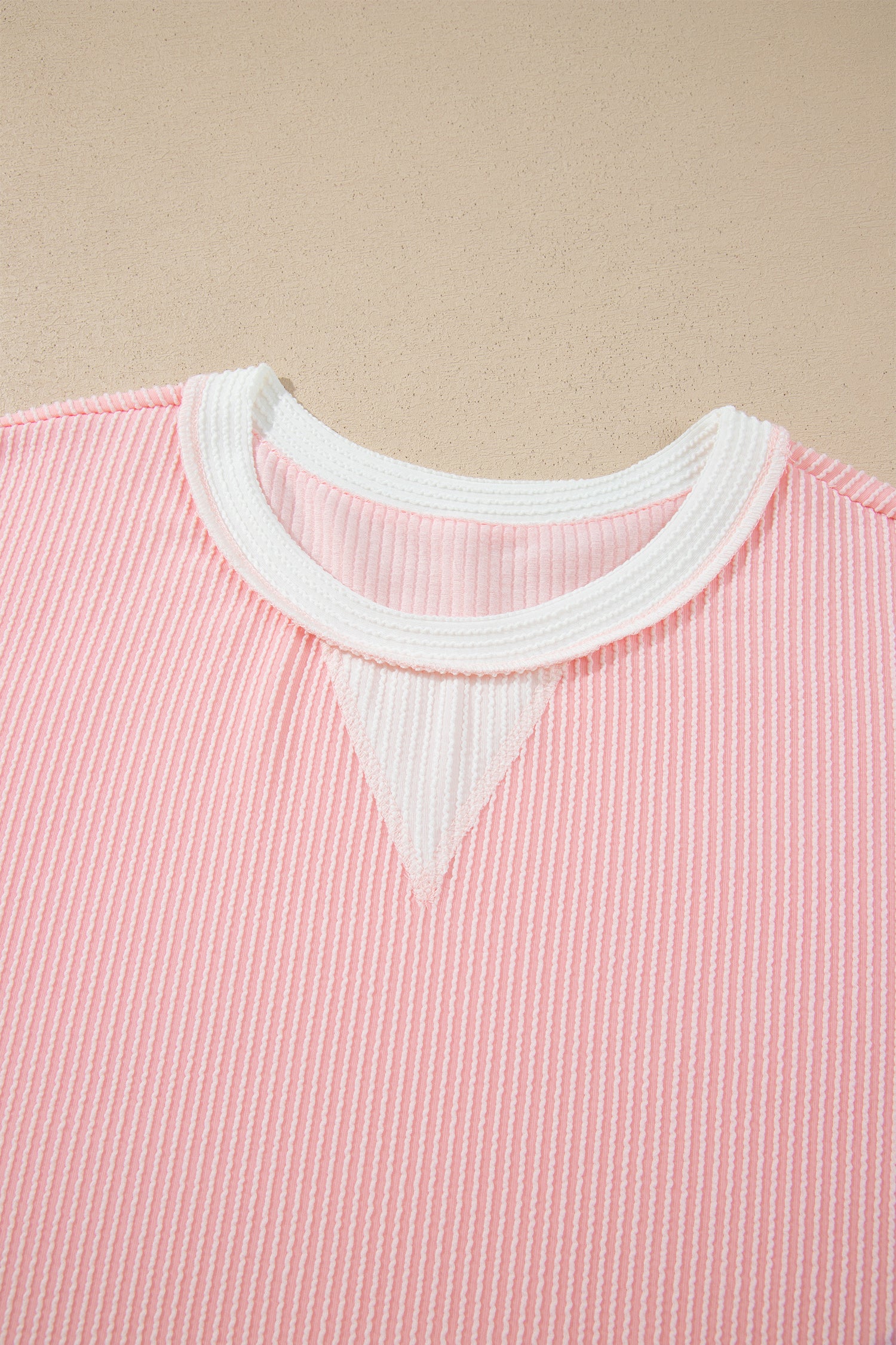 Pink Ribbed Knit Colorblock Long Sleeve Round Neck Plus Size Blouse