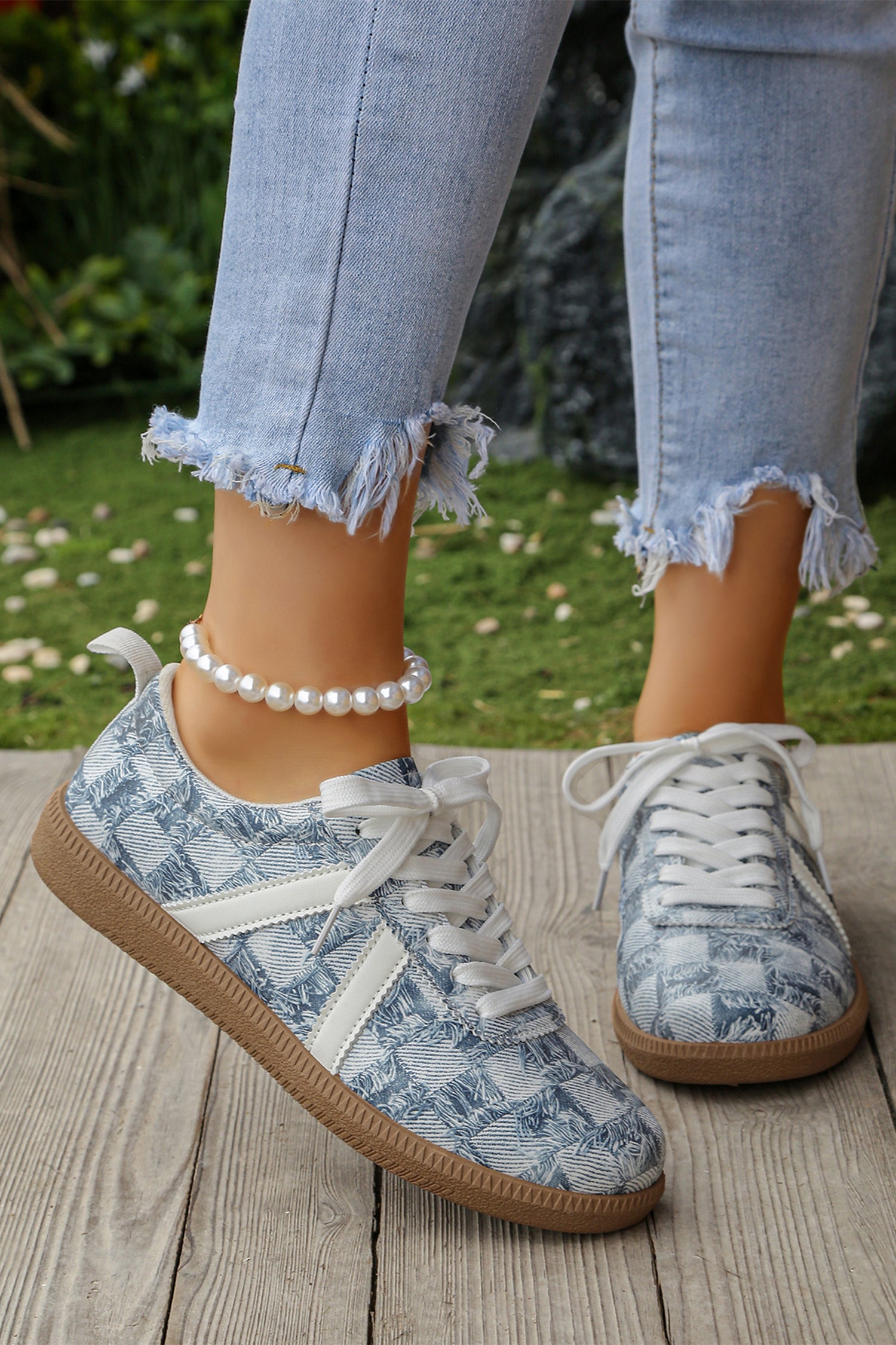 Ashleigh Blue Stylish Denim Checkered Print Lace Up Flat Shoes