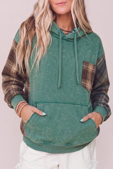Smoke Green Plaid Colorblock Hoodie