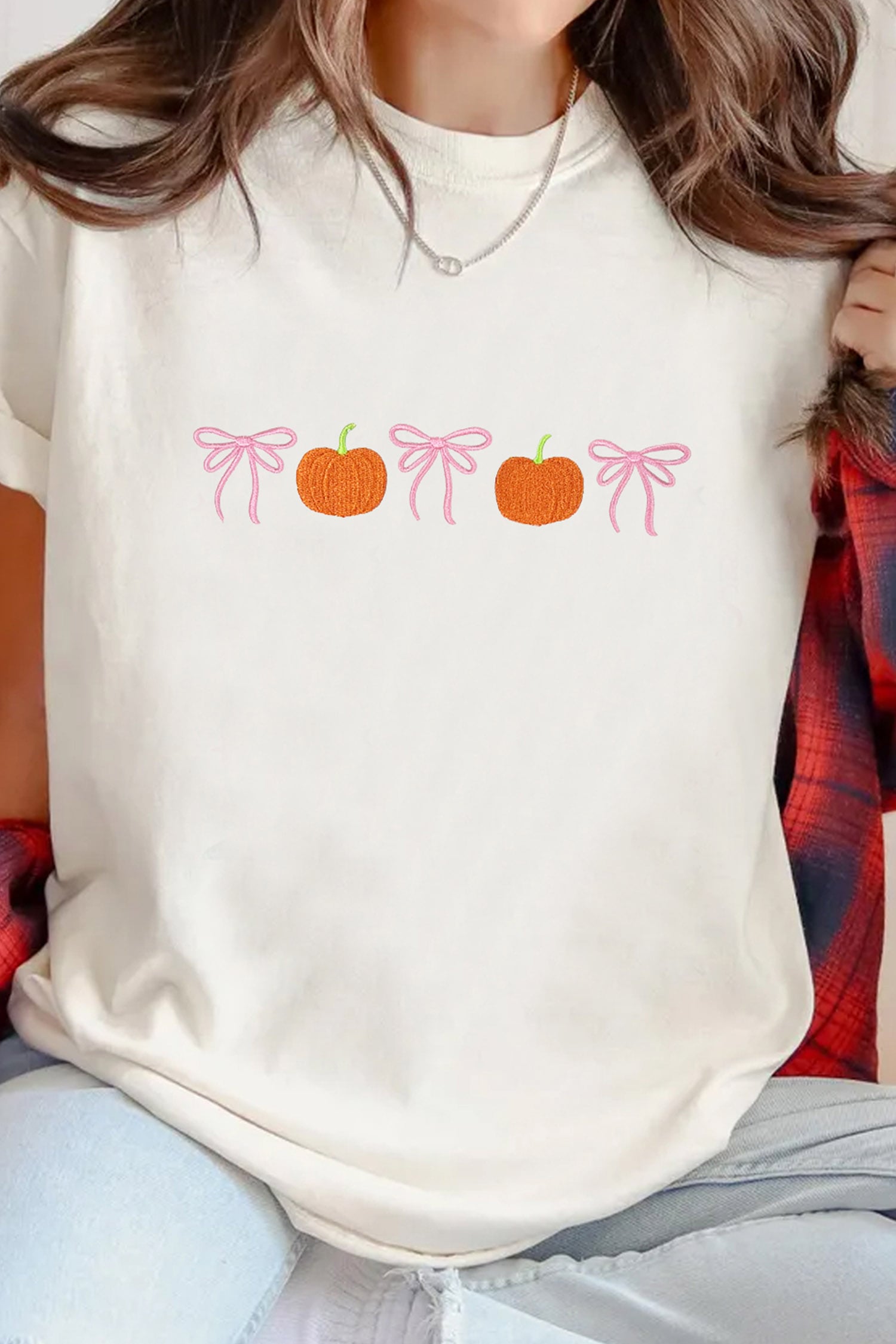 White Embroidered Pumpkin Bow Round Neck Short Sleeve T-Shirt
