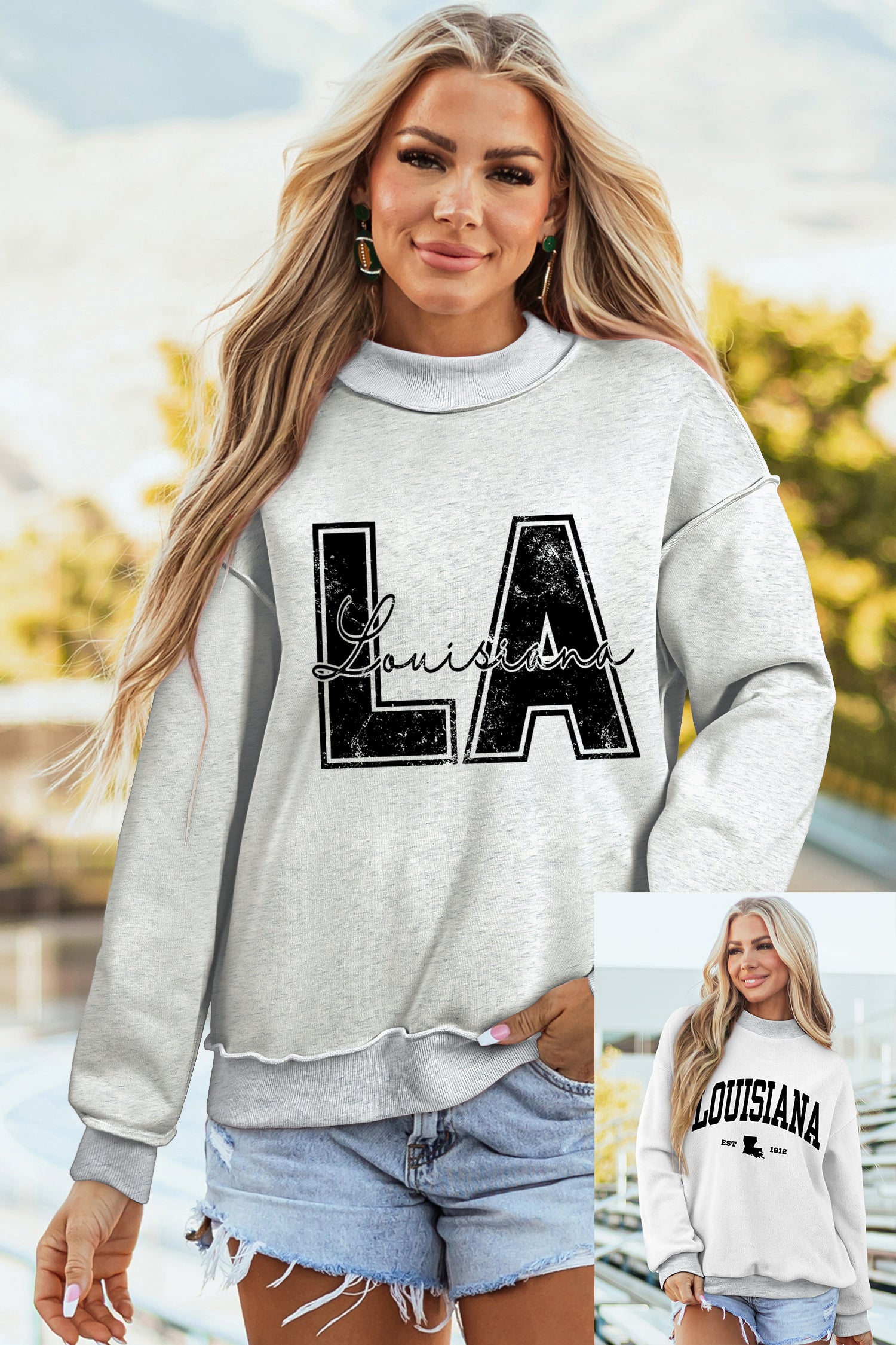 Light Grey LA Letter Print Reversible Double Wear Mock Neck Sweatshirt