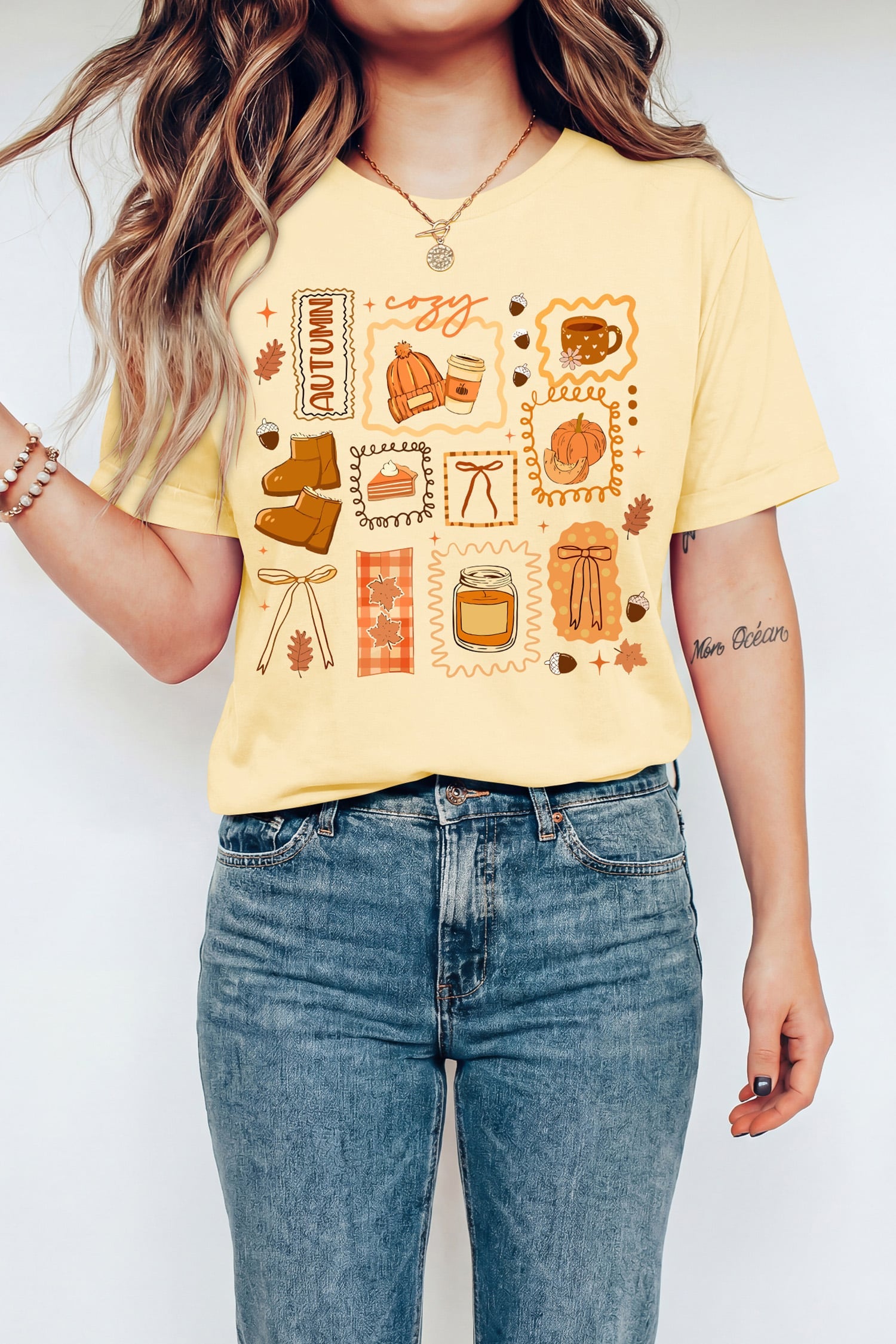 Yellow Cream Cozy Autumn Graphic Round Neck Relaxed T-Shirt