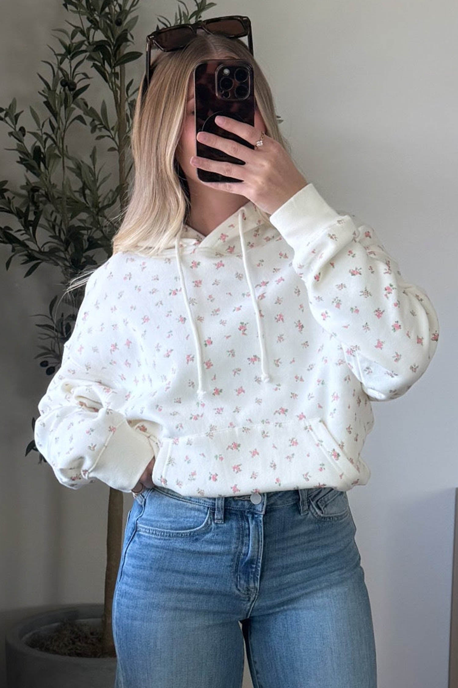 White Floral Print Ribbing Drawstring Hem Long Sleeve Hoodie