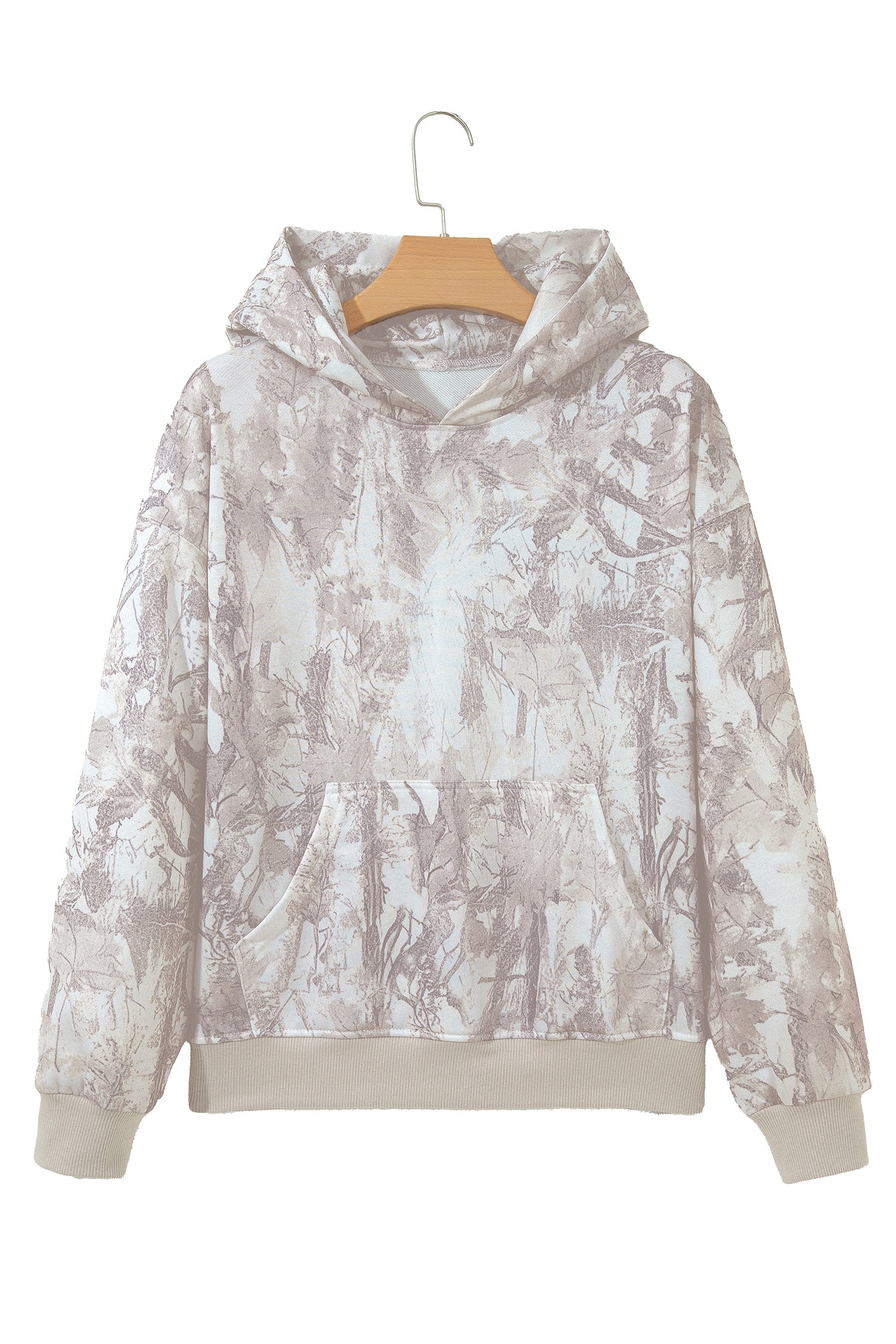 Gray Abstract Print Ribbed Cuffs Hem Long Sleeve Hoodie