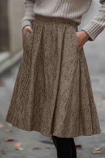 Brown Solid Color Textured Pleated Midi Skirt