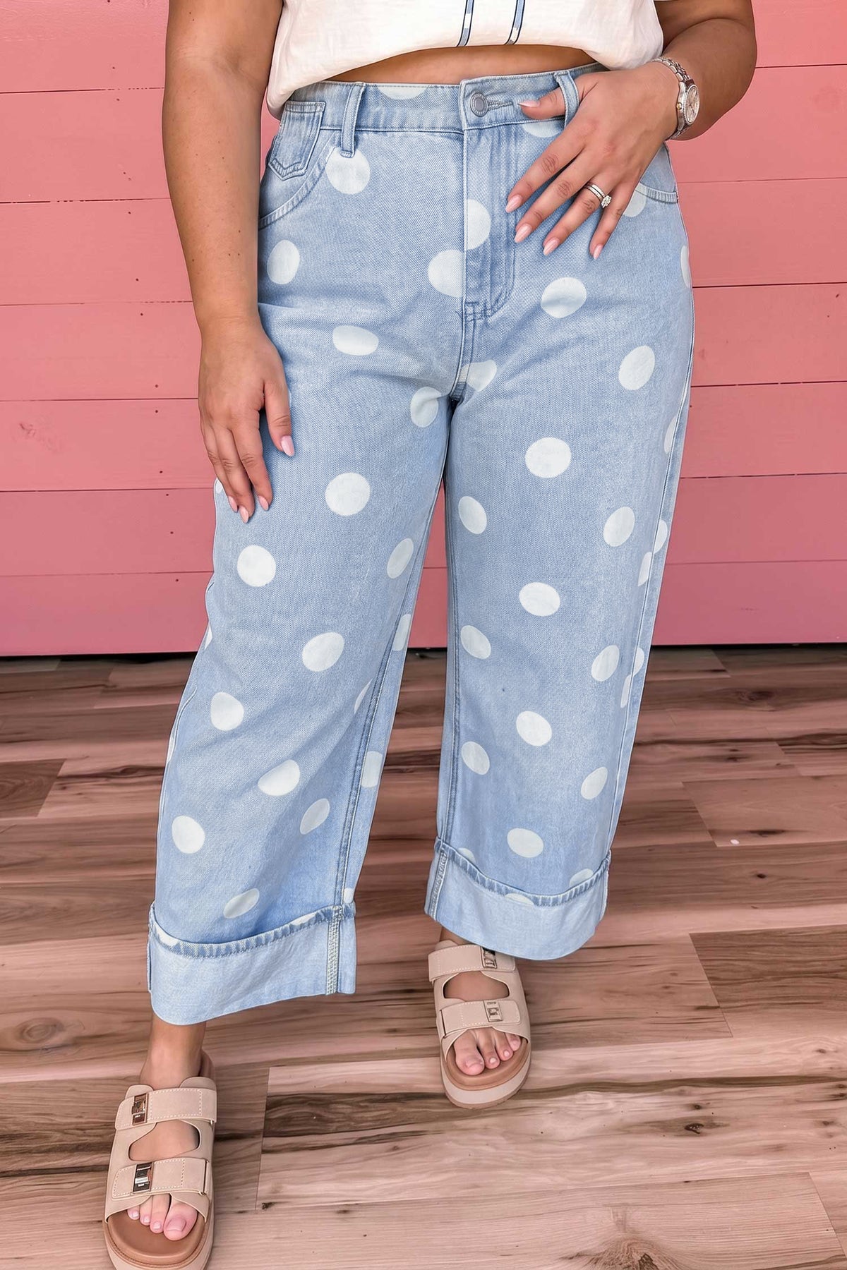 Sky Blue Polka Dot Full Length Regular Fit Plus Size Jeans