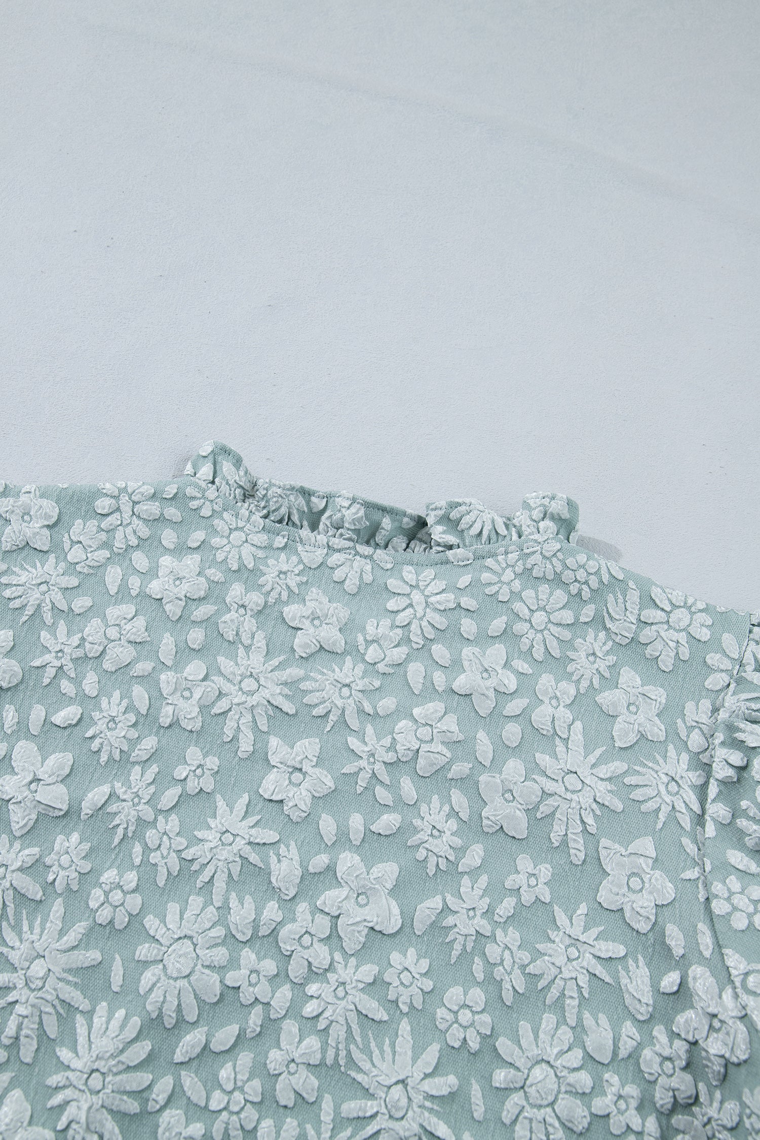 Iceland Blue Floral Textured Jacquard Puff Sleeve Blouse