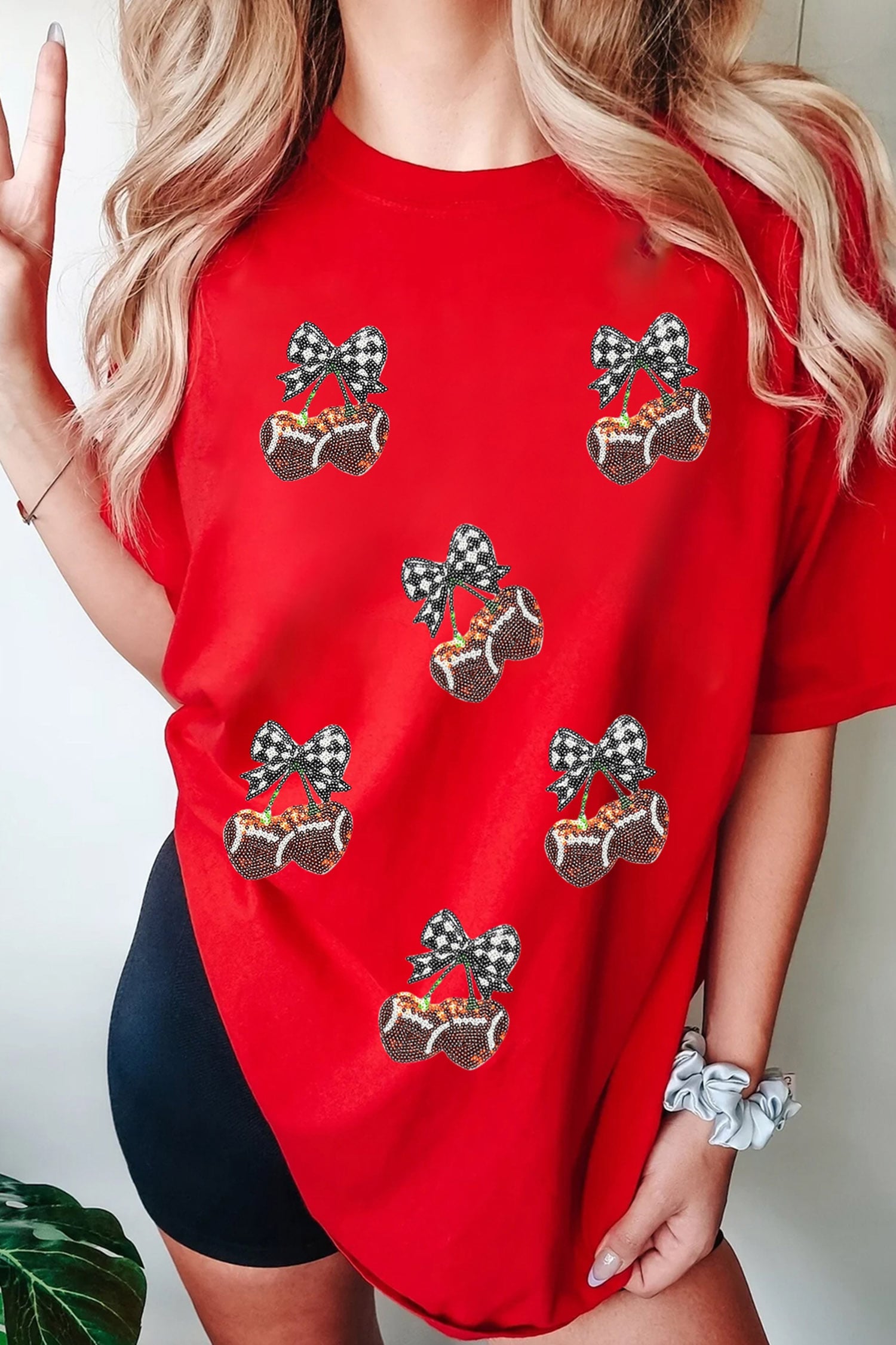 Red Sequined Cherry Bow Short Sleeve Round Neck T Shirt