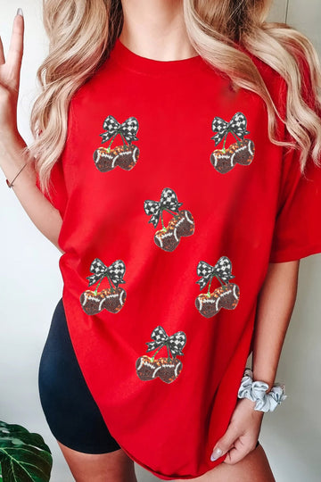 Red Sequined Cherry Bow Short Sleeve Round Neck T Shirt