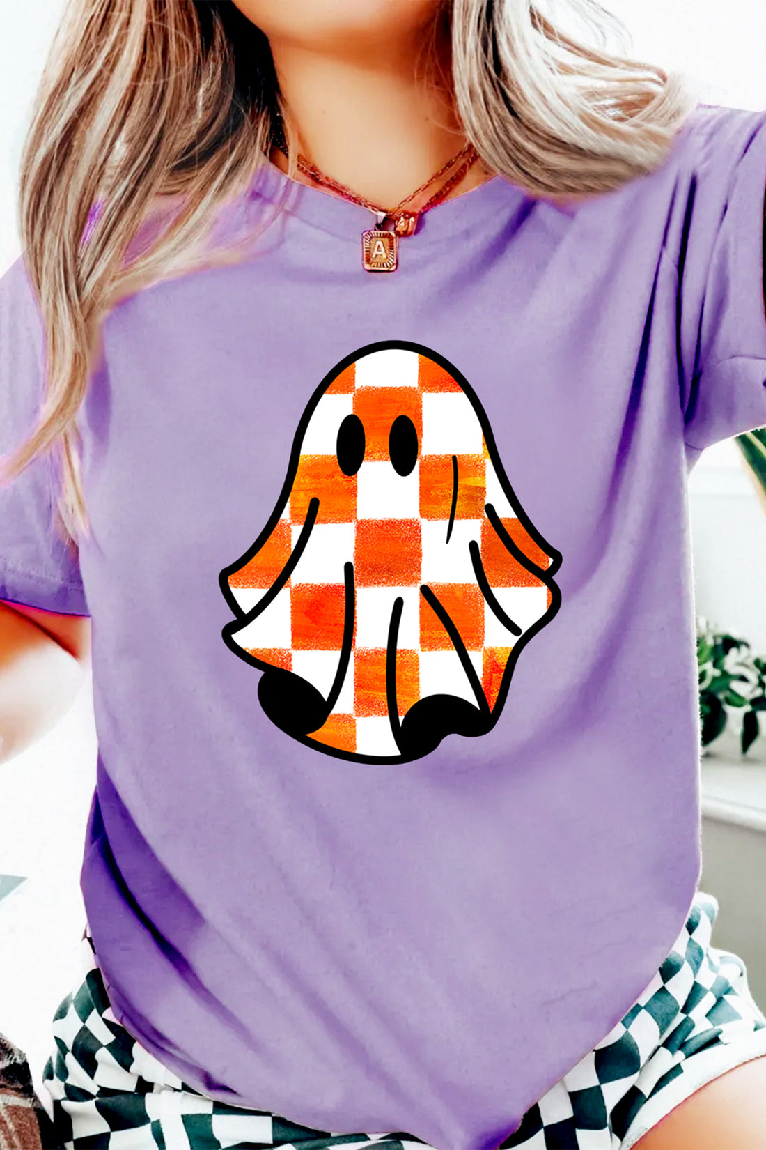 Wisteria Checkered Ghost Print Halloween Graphic T Shirt