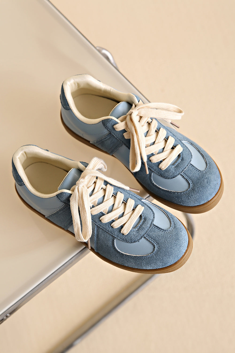Dusk Blue Two Tone Faux Suede Leather Patched Lace-up Sneakers