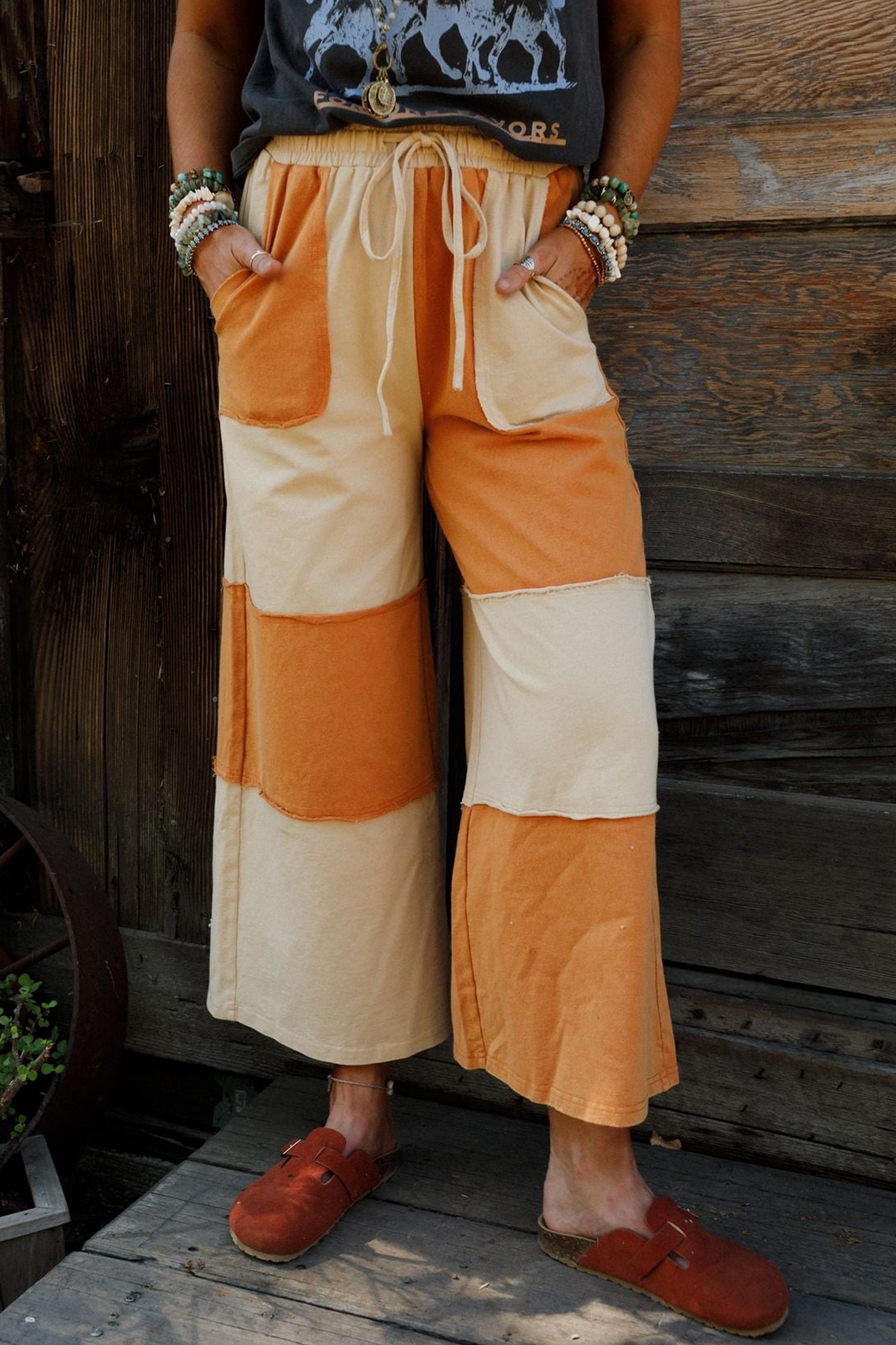 Russet Orange Raw Seam Colorblock Wide Leg Ankle Length Casual Pants