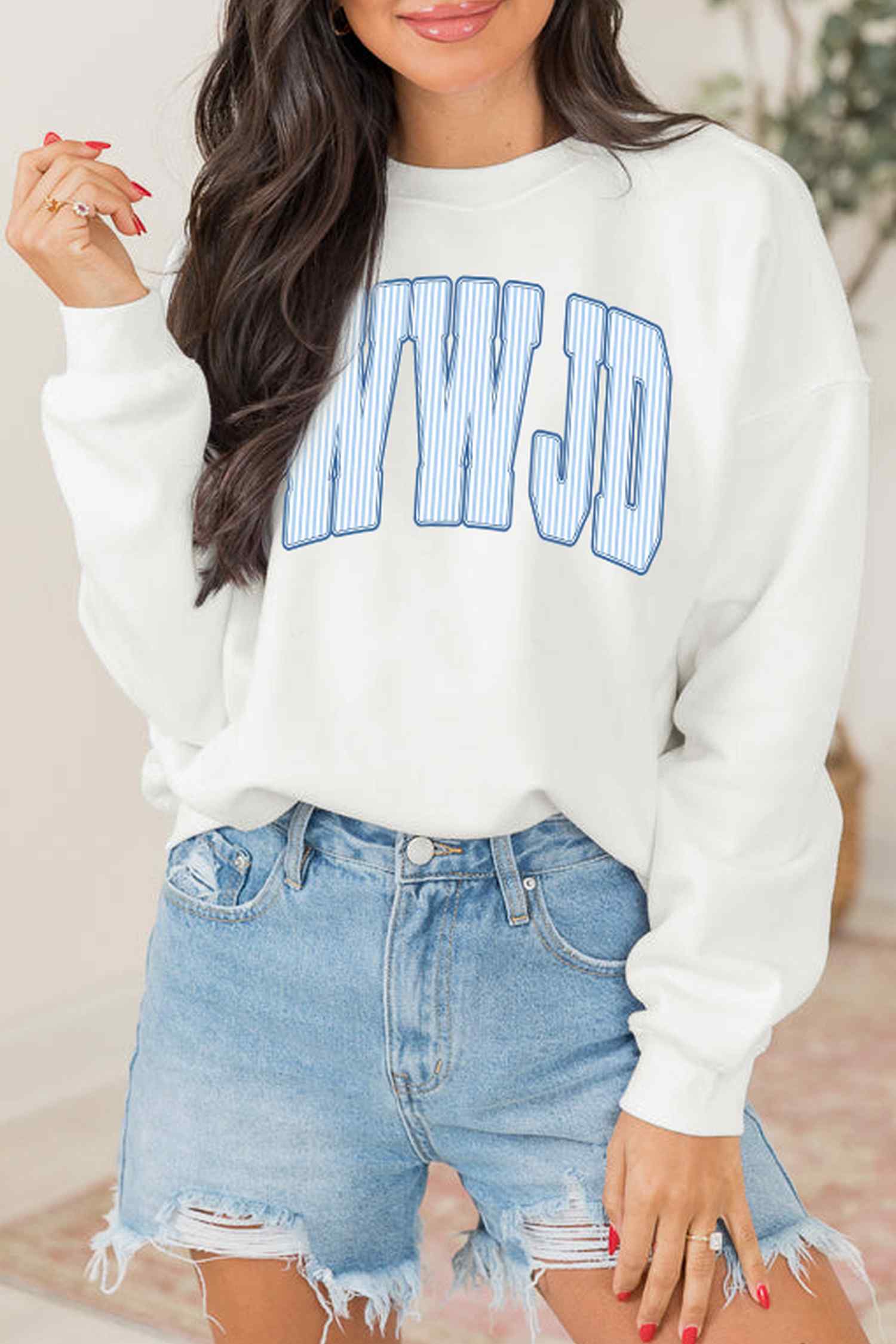White WWJD Letter Print Crew Neck Sweatshirt