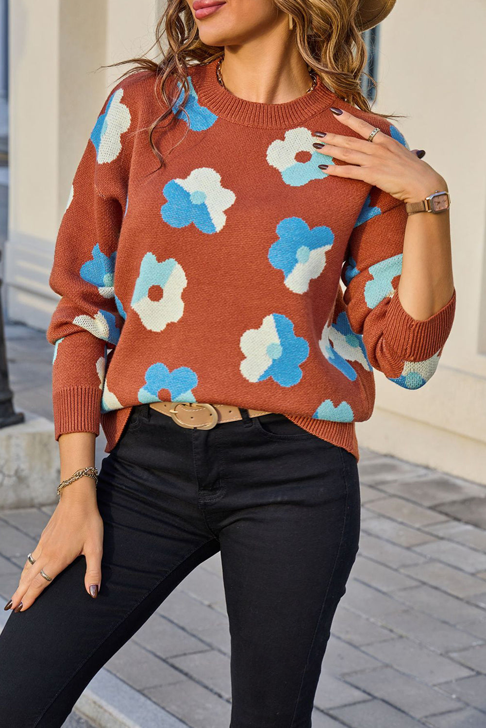 Brown Color Block Flower Cute Pattern Drop Shoulder Bulk Sweater