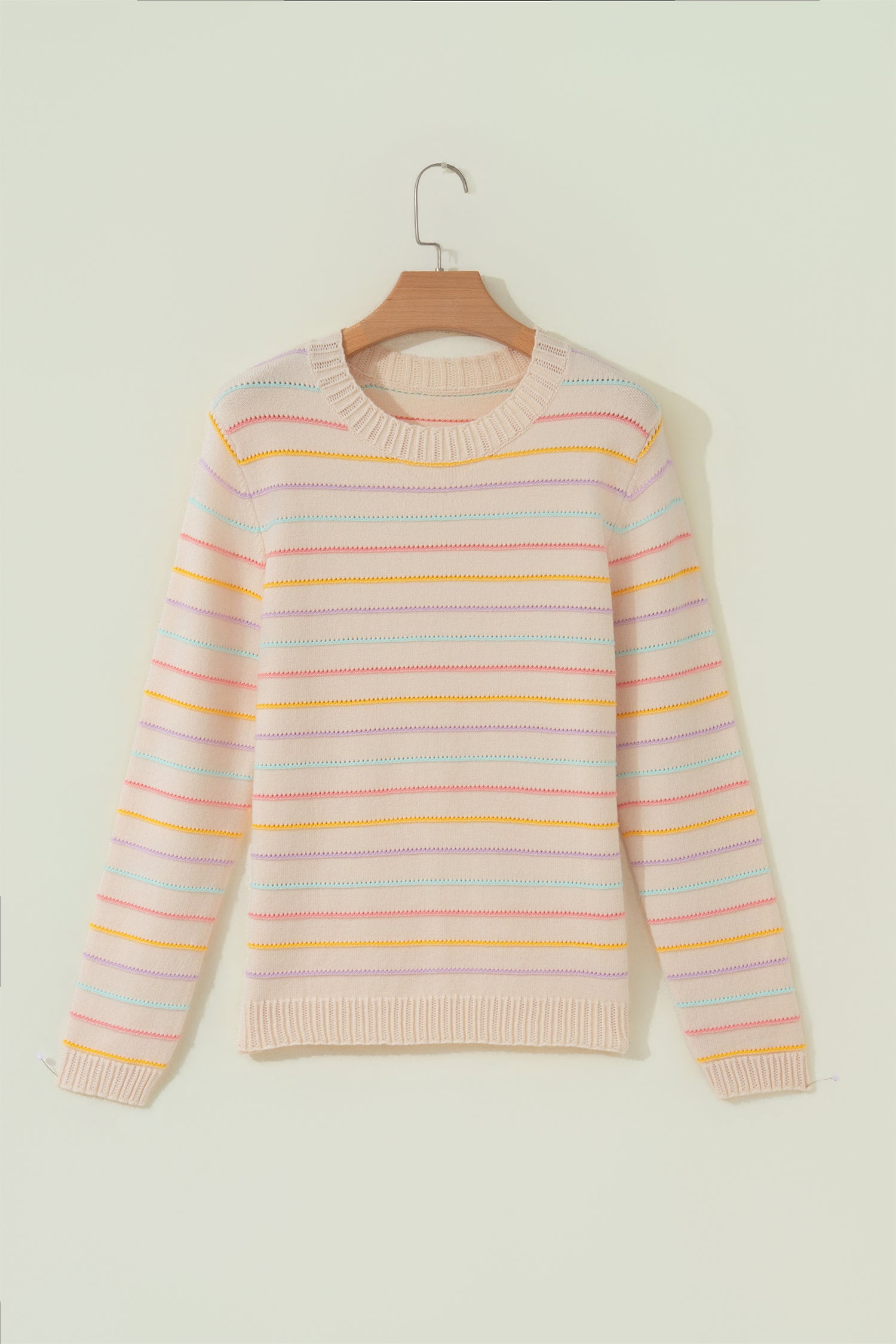 Beige Stripe Colorful Stripes Crew Neck Knit Sweater