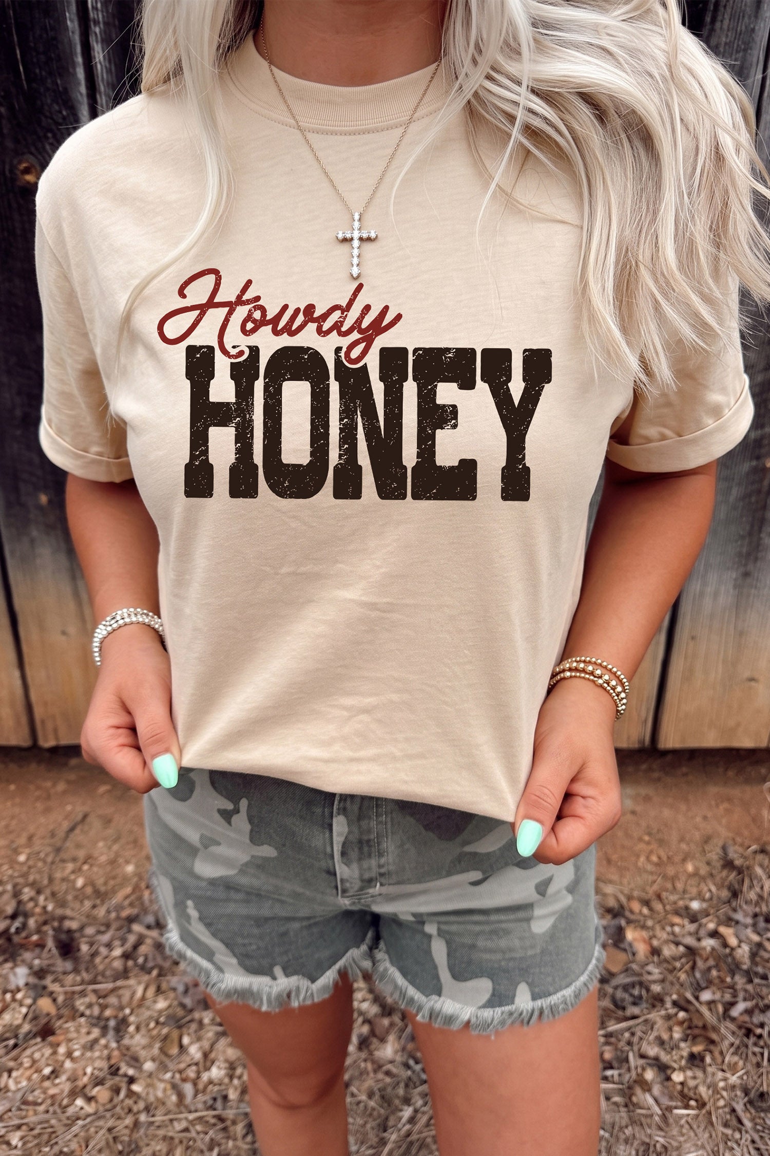 Khaki Howdy HONEY Western Print Letter Casual Graphic T-Shirt