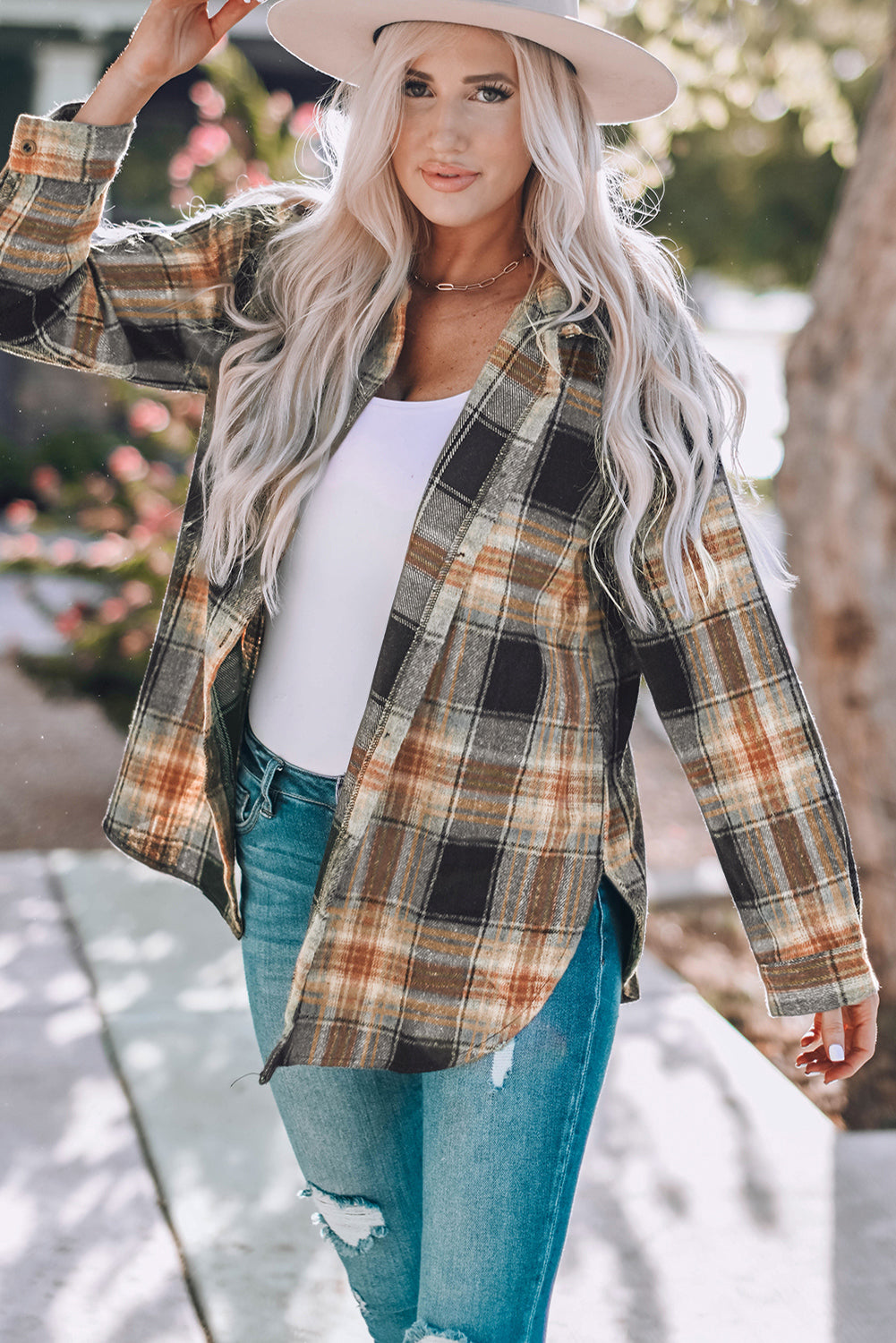 Black Oversize Rounded Hem Plaid Shacket with Slits